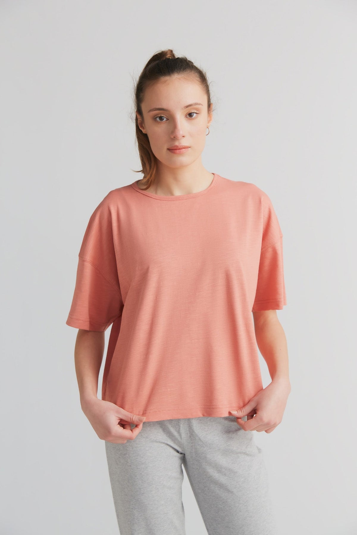 Women's Slub Loose T - Shirt, Salmon Red