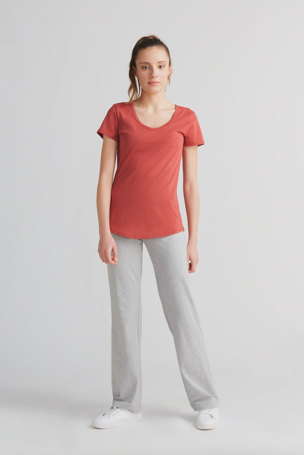Women's Slub V - Neck T - Shirt, Terracotta