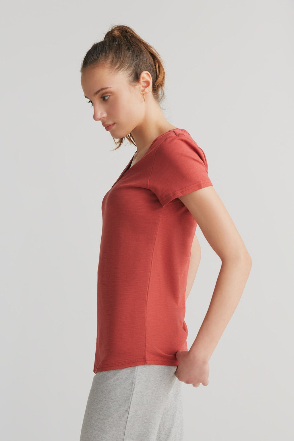 Women's Slub V - Neck T - Shirt, Terracotta