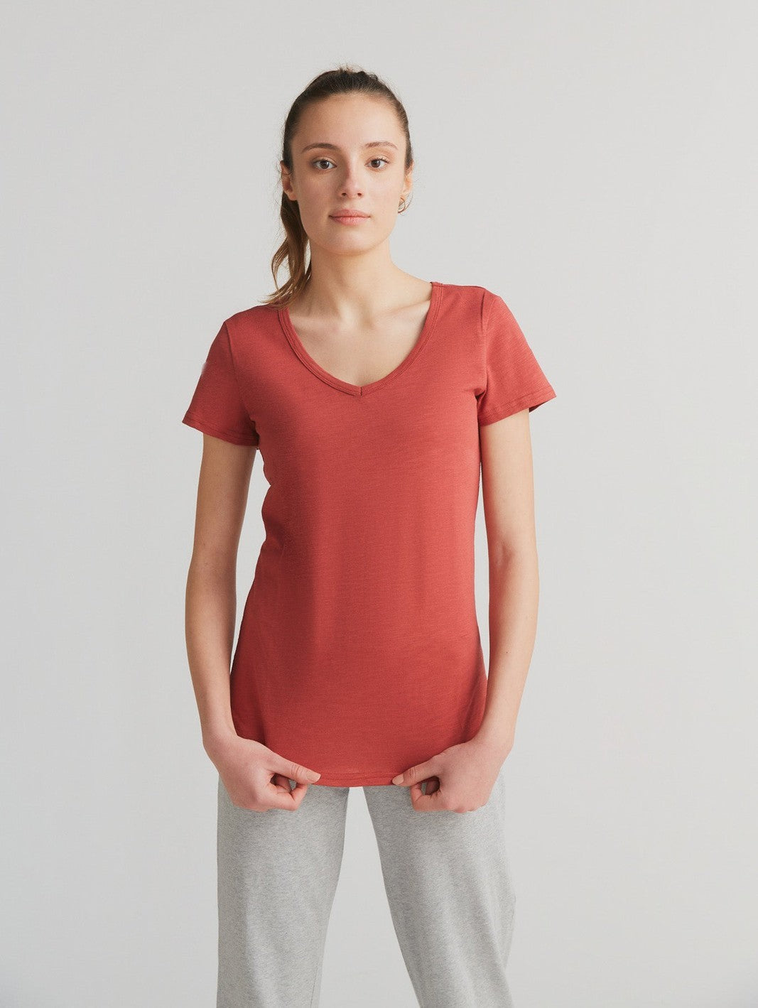 Women's Slub V - Neck T - Shirt, Terracotta