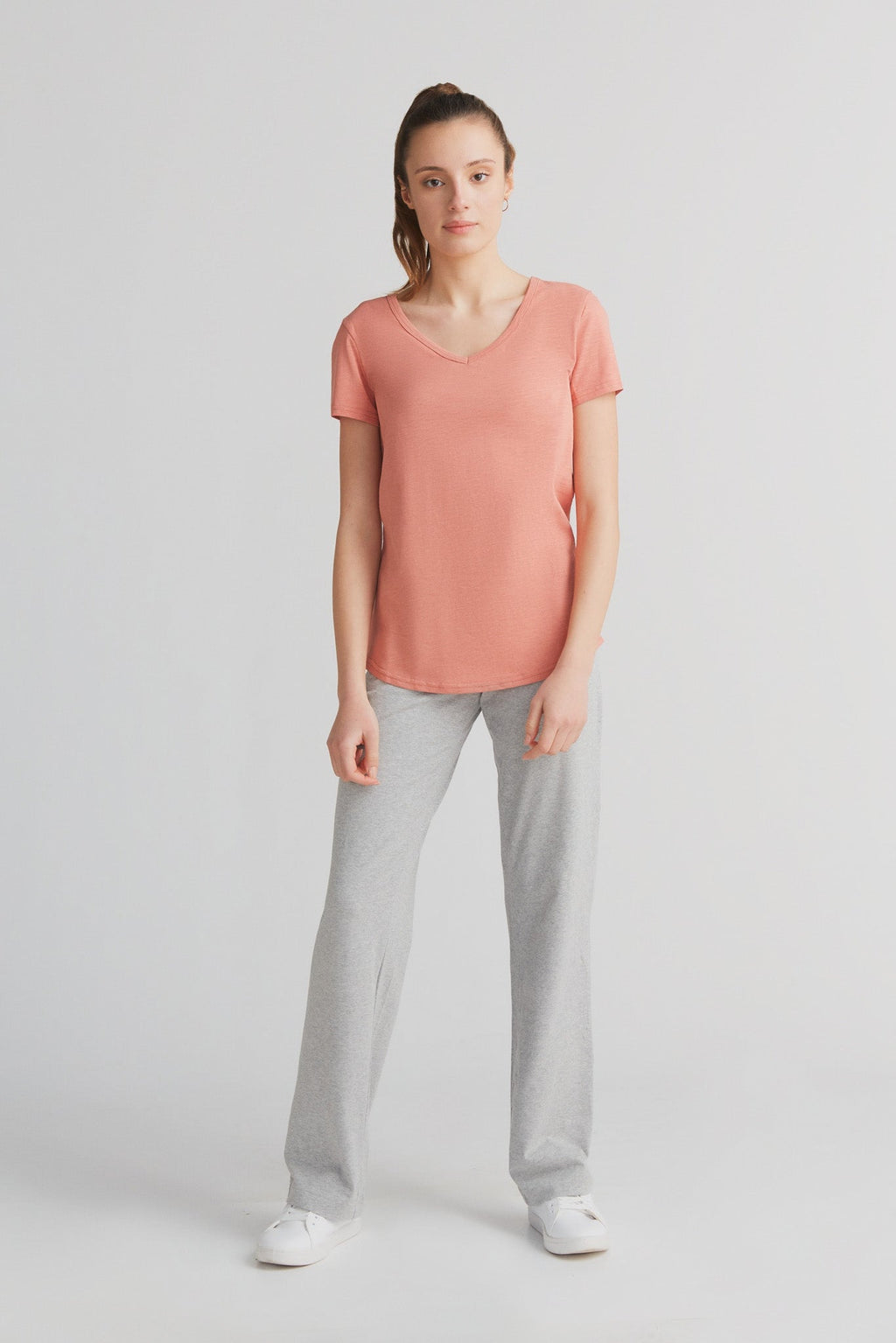 Women's Slub V - Neck T - Shirt, Salmon Red