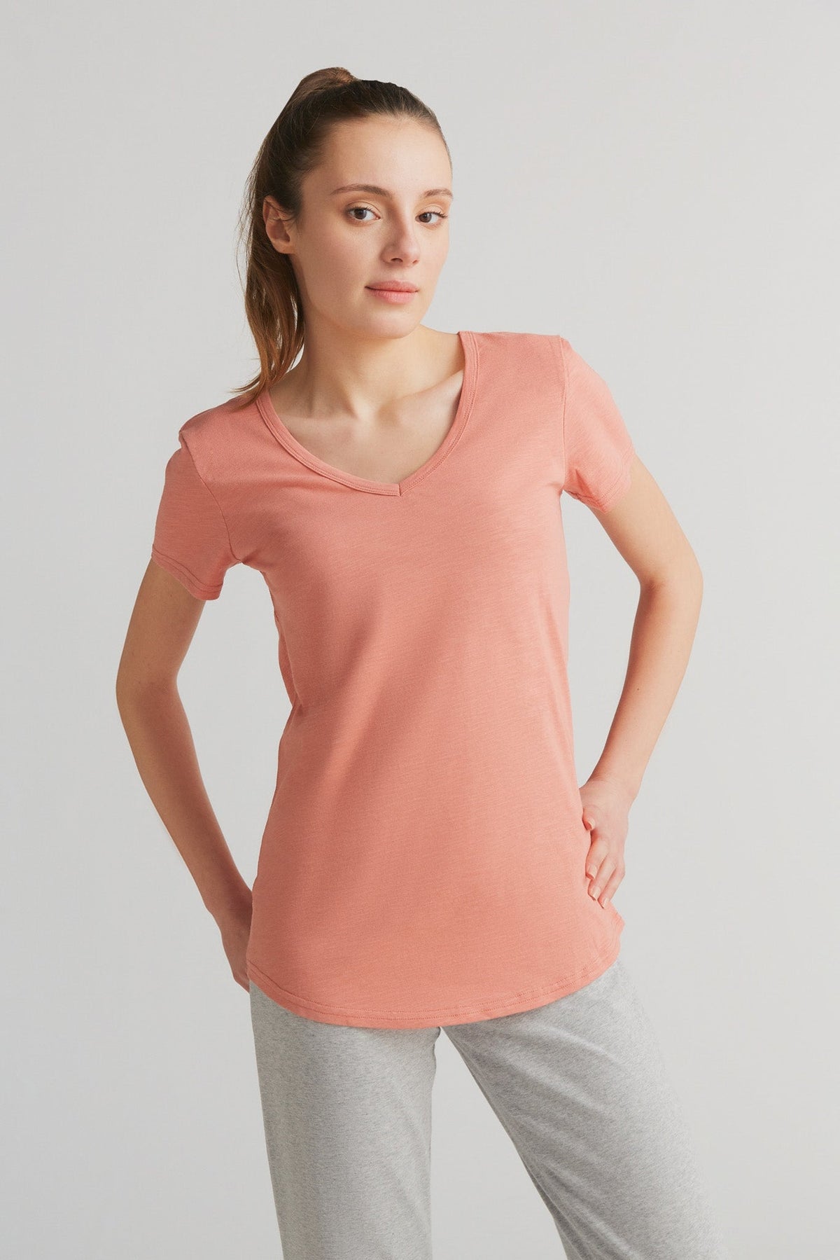 Women's Slub V Neck T-Shirt, Salmon Red — Leela Cotton, view 2