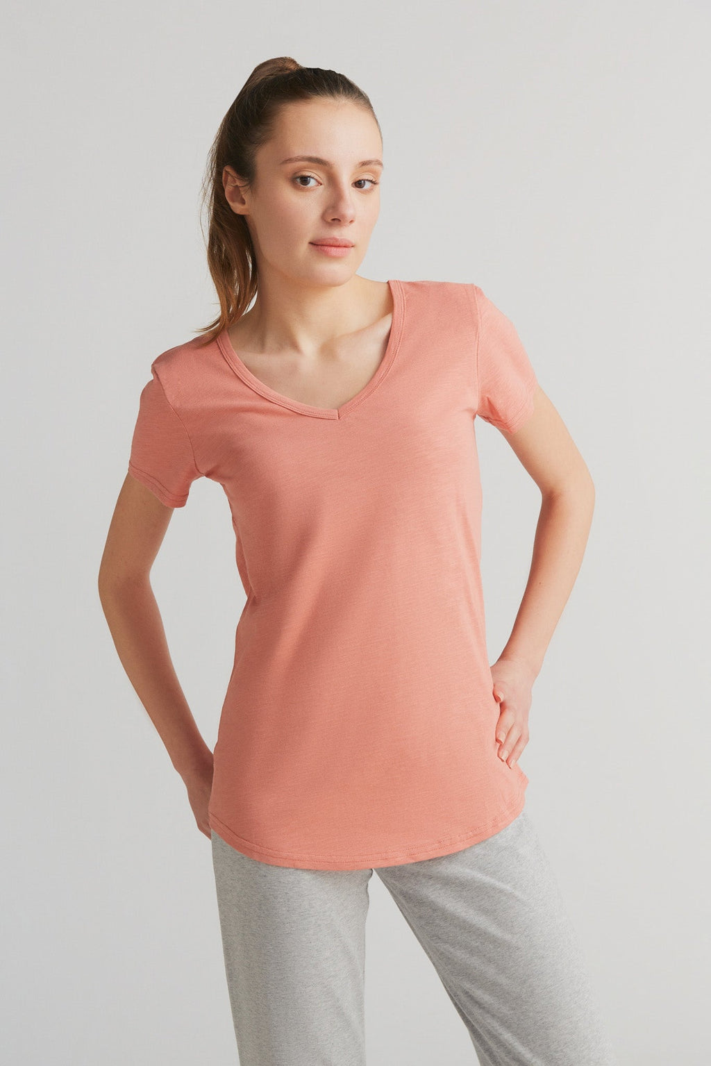 Women's Slub V - Neck T - Shirt, Salmon Red