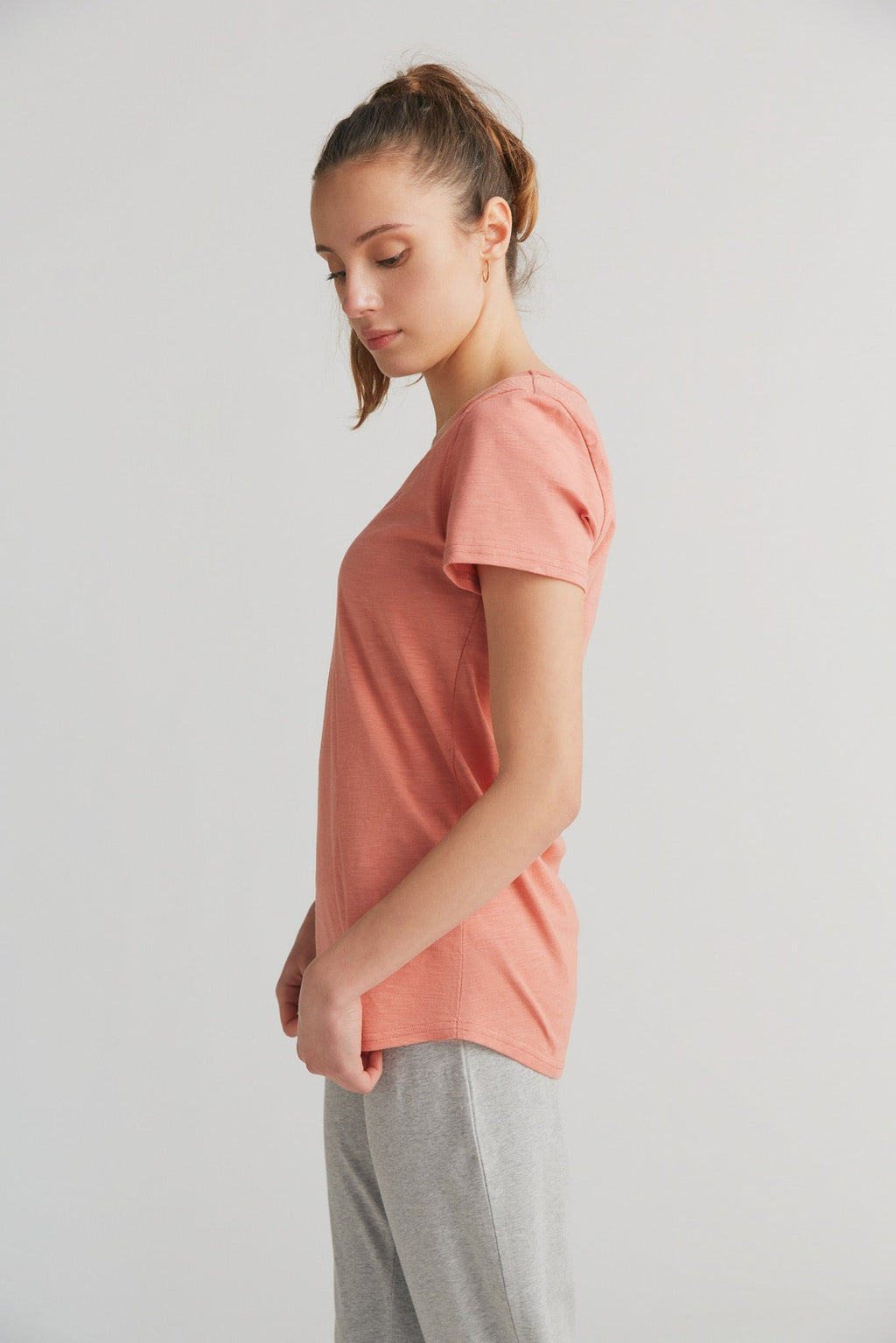 Women's Slub V - Neck T - Shirt, Salmon Red