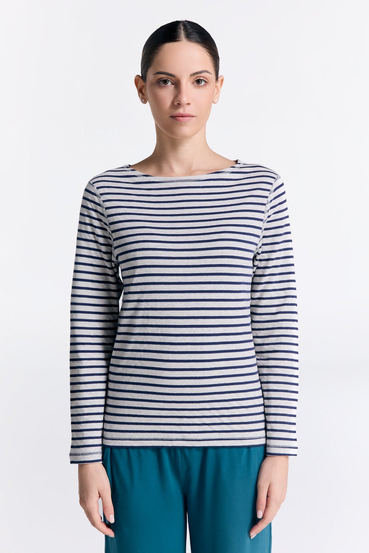 Women's Reversible Long Sleeve Top, Marine Blue / Beige — Leela Cotton