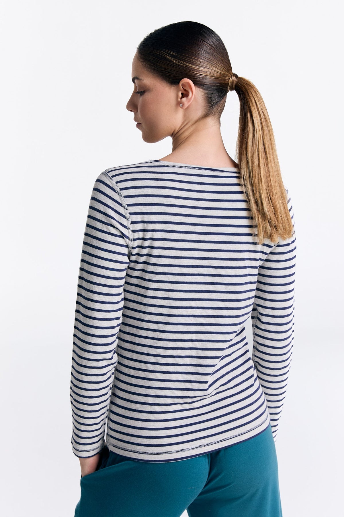 Women's Reversible Long Sleeve Top, Marine Blue / Beige — Leela Cotton, view 4