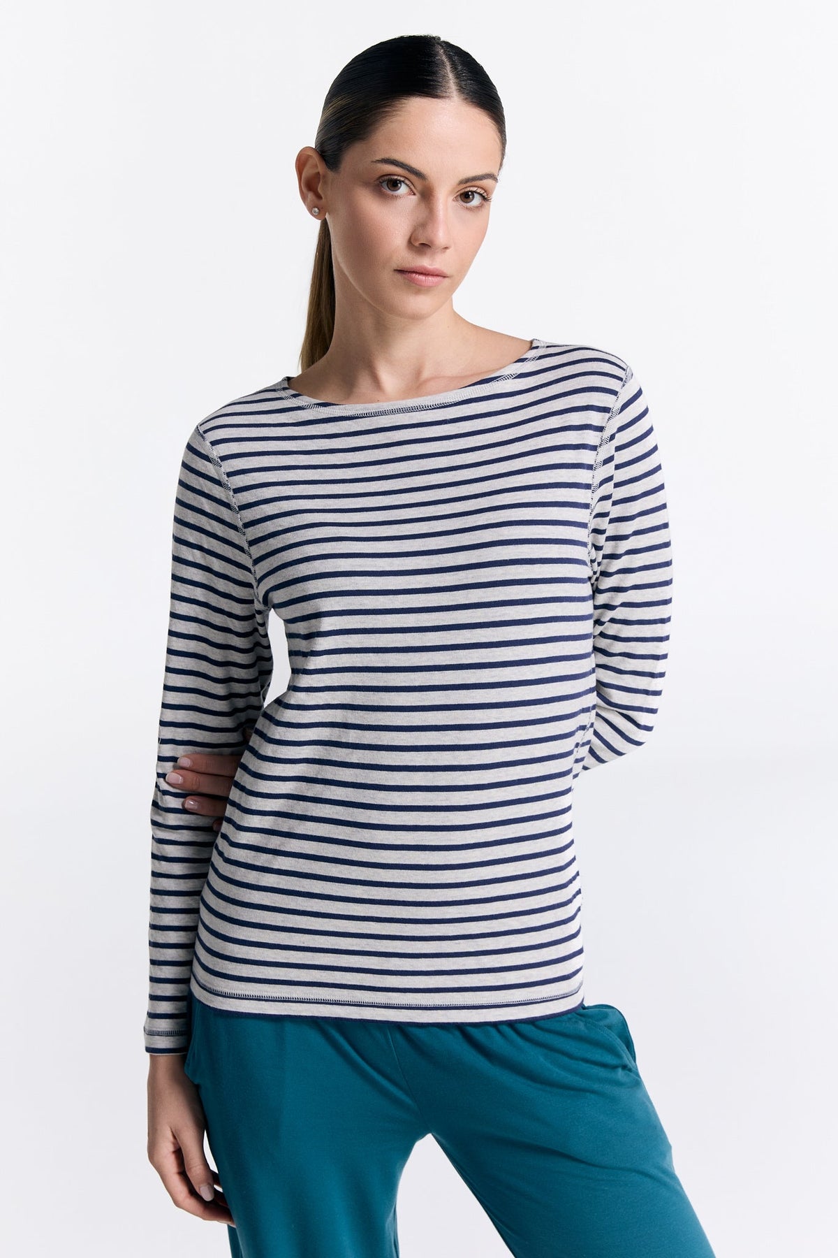 Women's Reversible Long Sleeve Top, Marine Blue / Beige — Leela Cotton, view 5