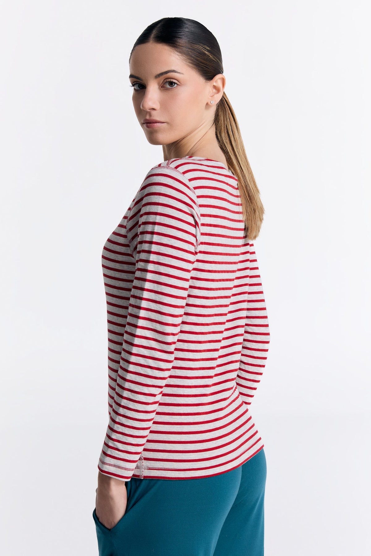 Women's Reversible Long Sleeve Top, Brick Red / Beige — Leela Cotton, view 4