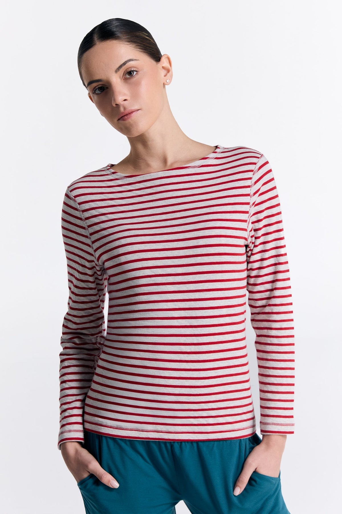 Women's Reversible Long Sleeve Top, Brick Red / Beige — Leela Cotton, view 5