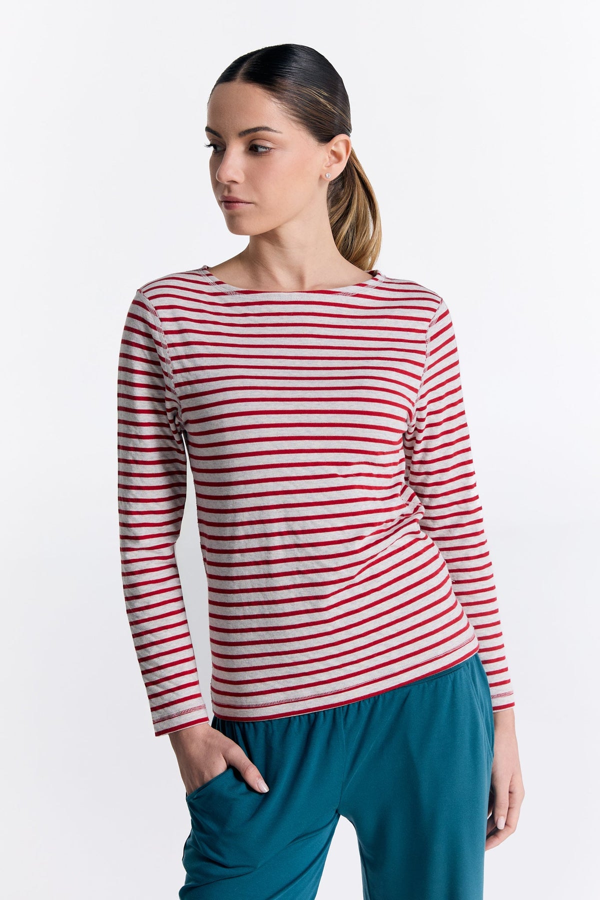 Women's Reversible Long Sleeve Top, Brick Red / Beige — Leela Cotton, view 8