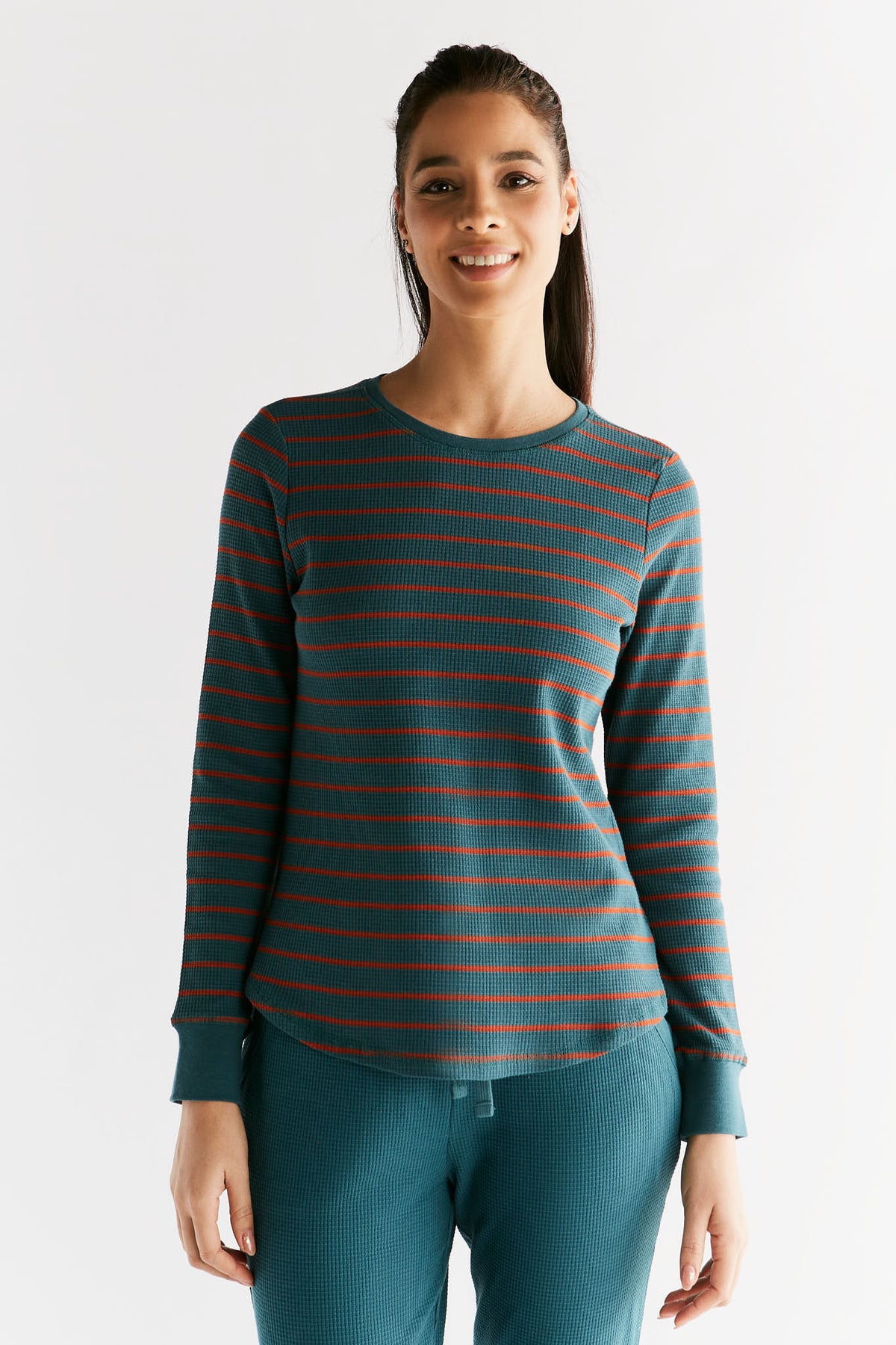 Waffle Knit Women's Long Sleeve Top, Fir / Tabasco — Leela Cotton, view 2