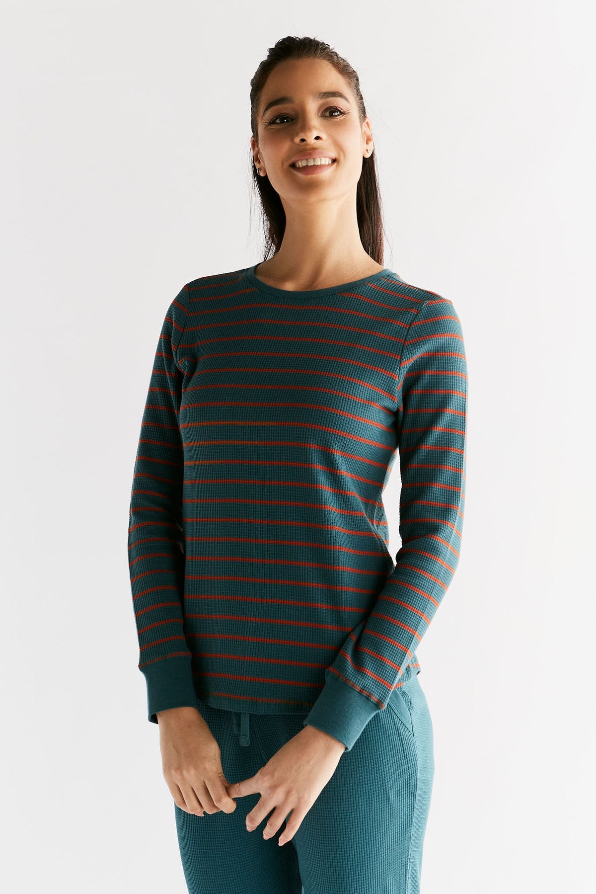 Waffle Knit Women's Long Sleeve Top, Fir / Tabasco — Leela Cotton, view 3