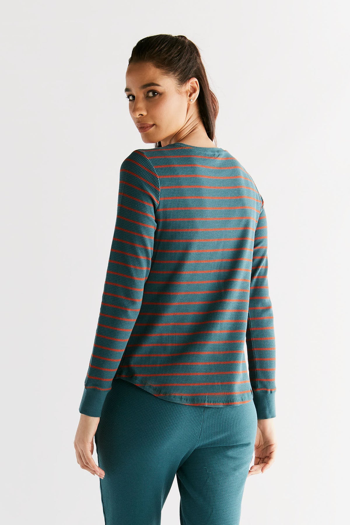 Waffle Knit Women's Long Sleeve Top, Fir / Tabasco — Leela Cotton, view 4