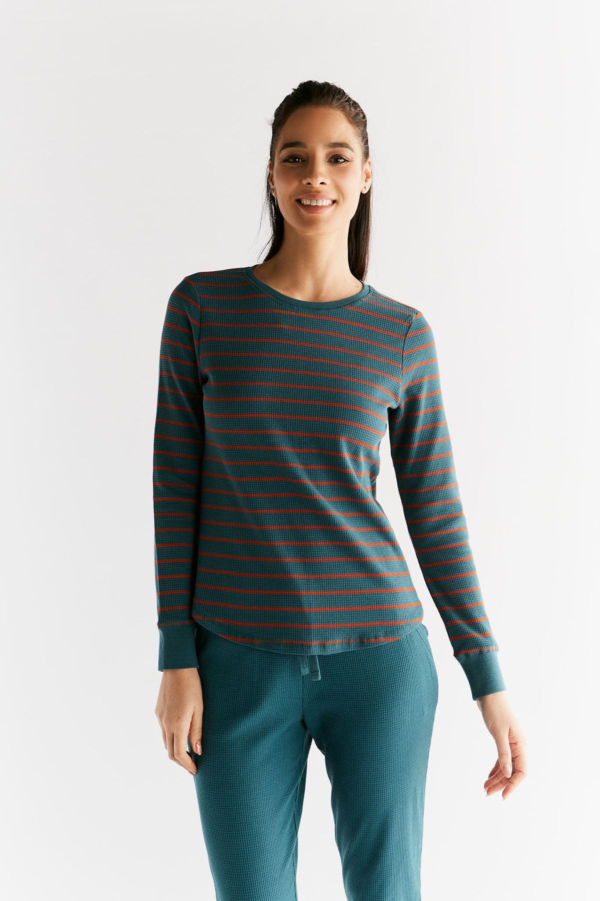 Waffle Knit Women's Long Sleeve Top, Fir / Tabasco — Leela Cotton