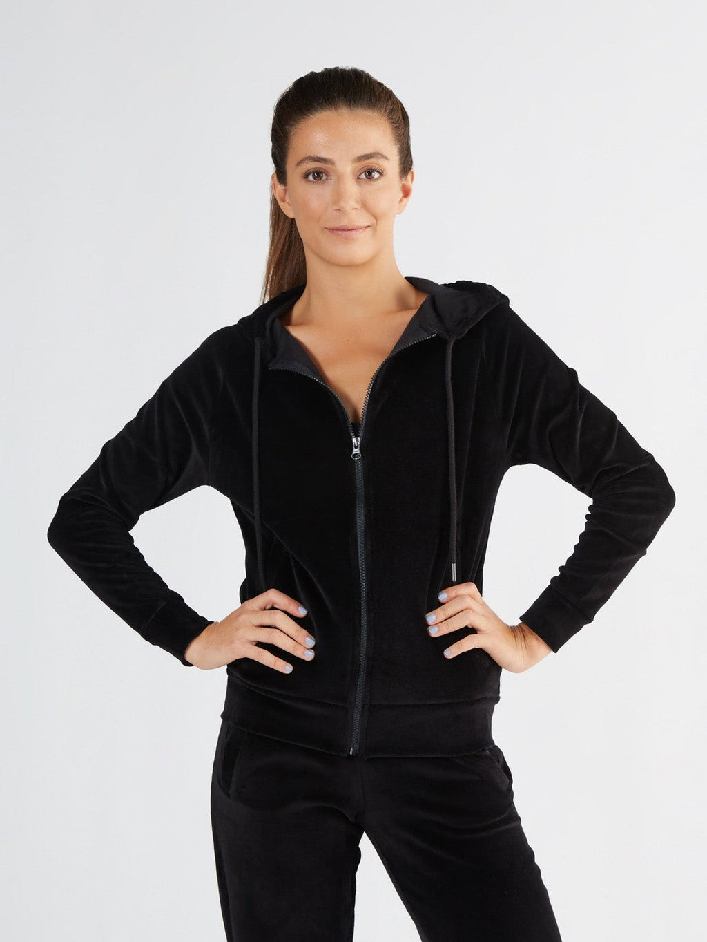 Women's Velour Hooded Jacket, Black