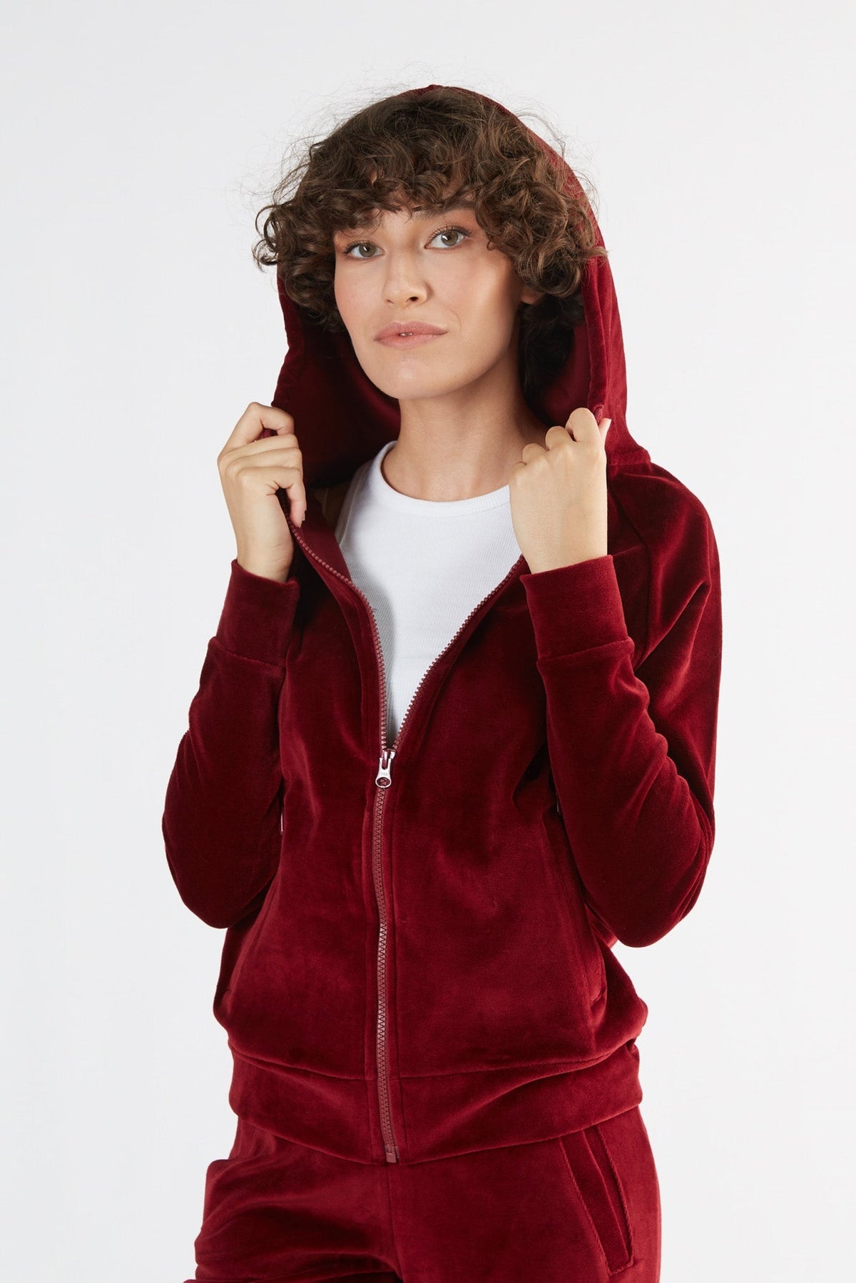 Women's Velour Hooded Jacket, Bordeaux