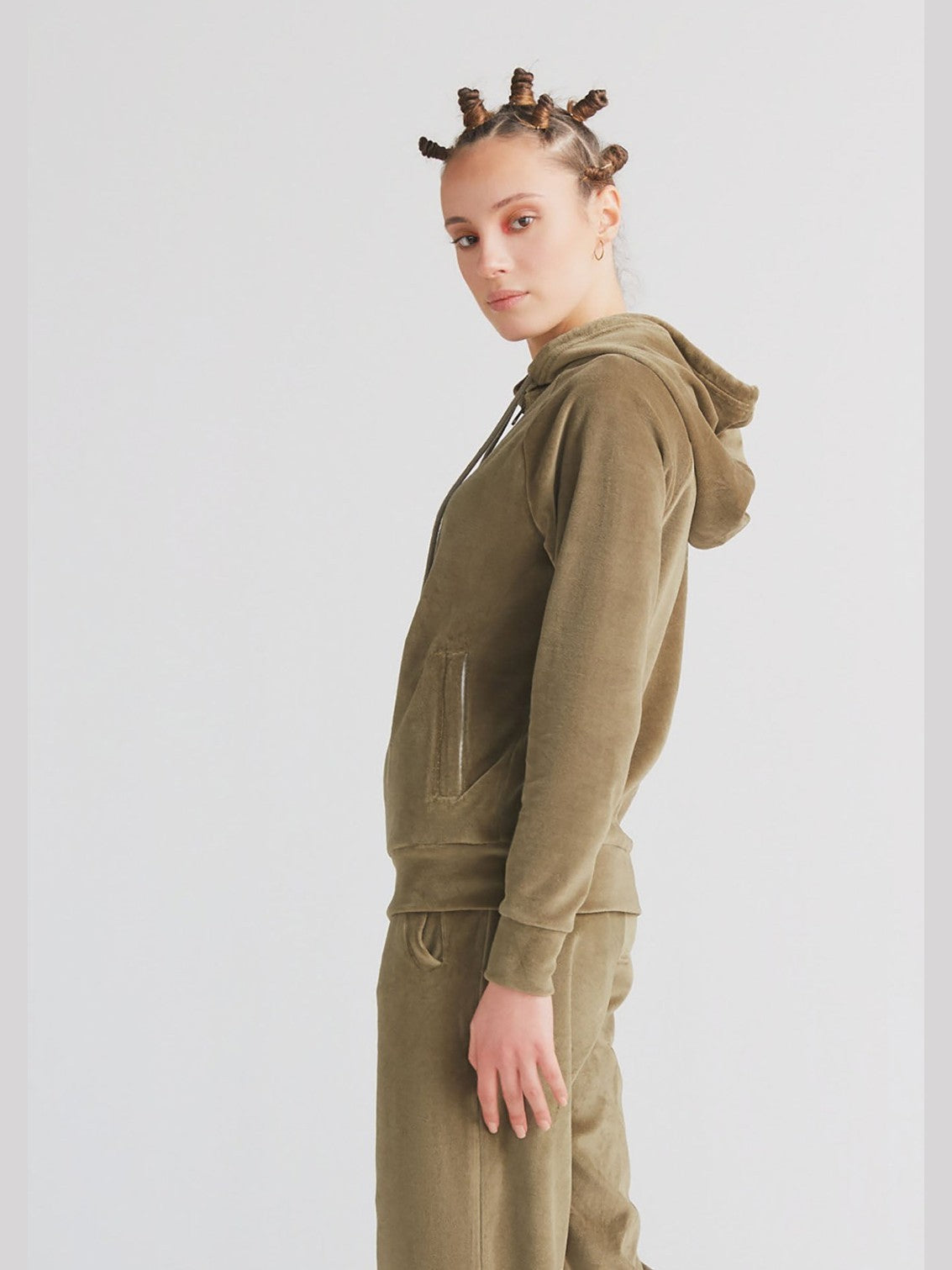 Women's Velour Hooded Jacket, Olive — Leela Cotton, view 3