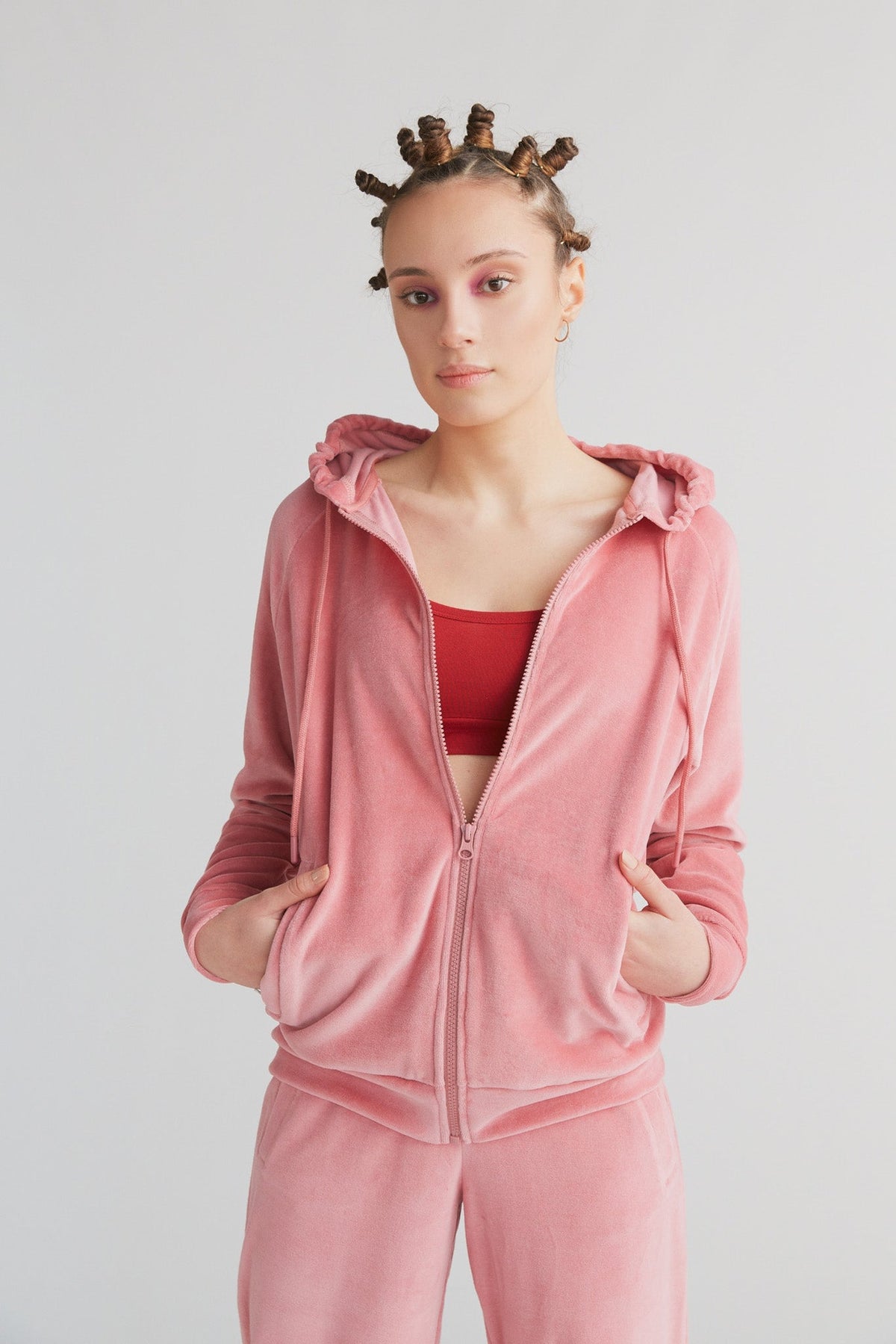 Women's Velour Hooded Jacket, Dusty Pink — Leela Cotton, view 2