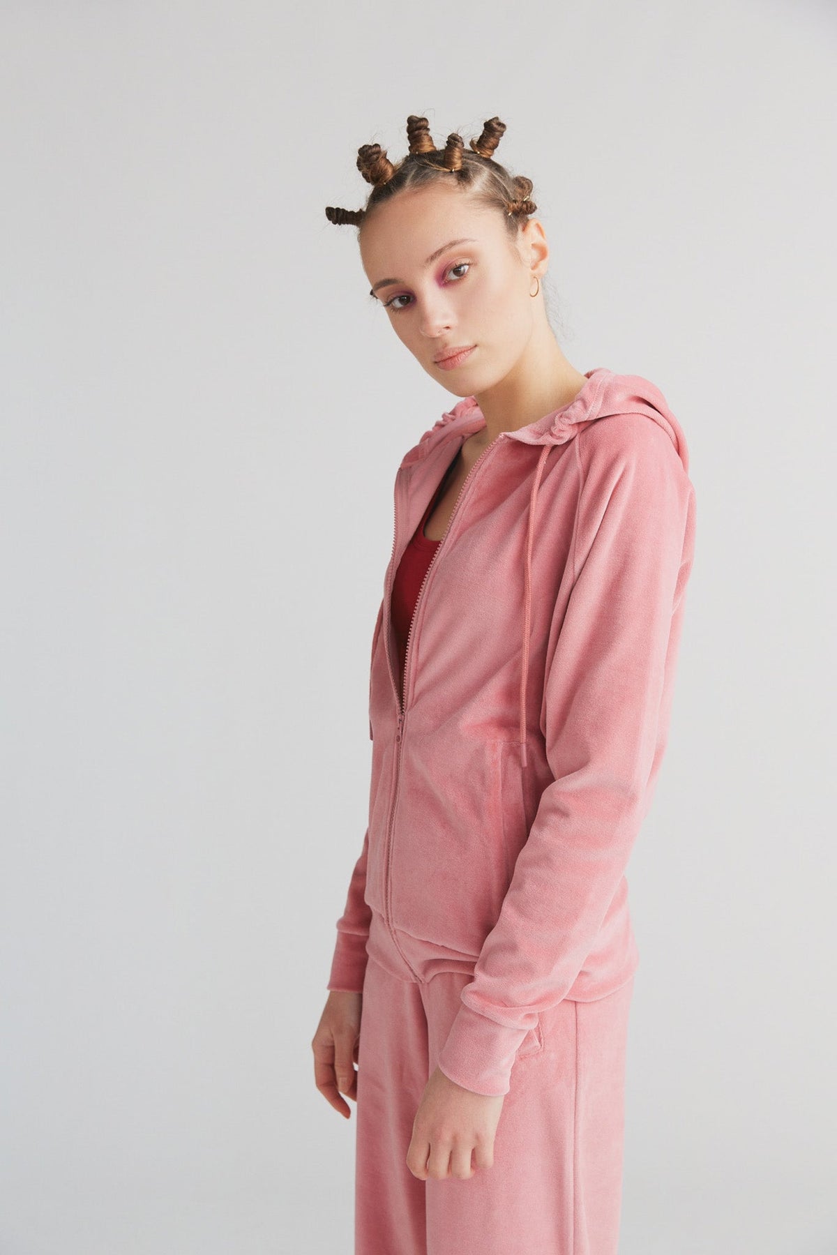 Women's Velour Hooded Jacket, Dusty Pink — Leela Cotton, view 3