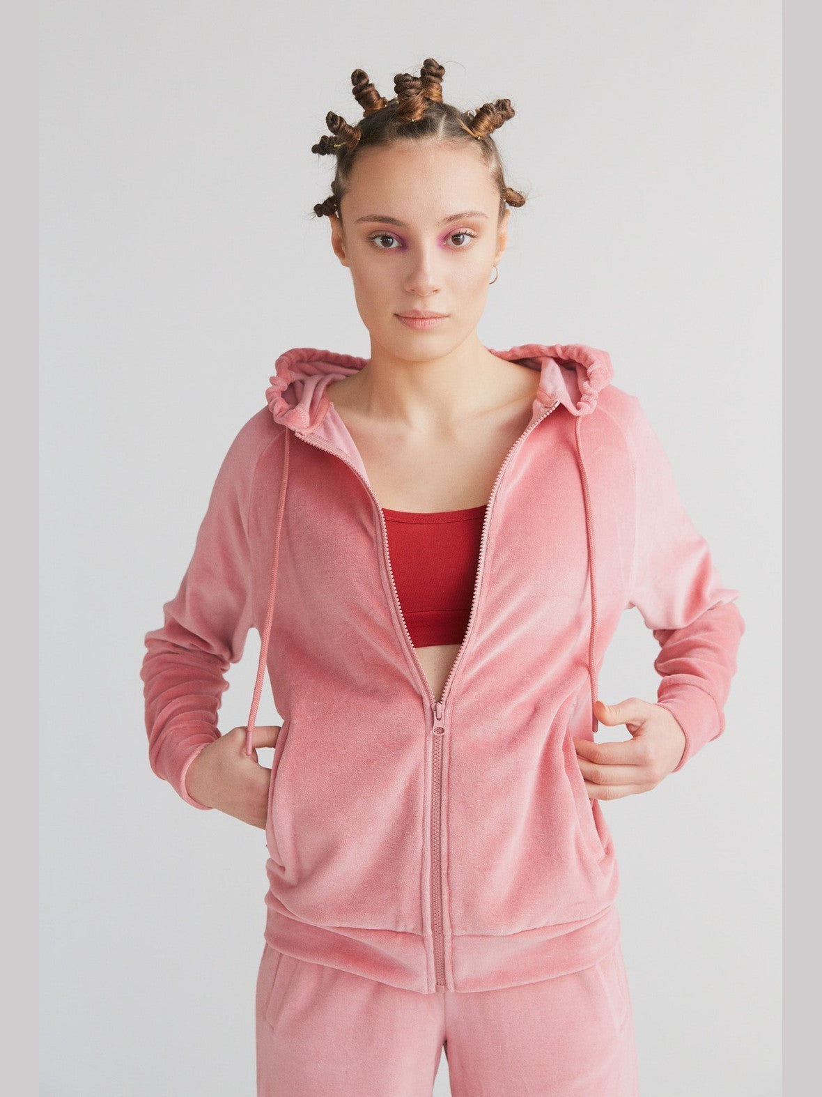 Women's Velour Hooded Jacket, Dusty Pink — Leela Cotton