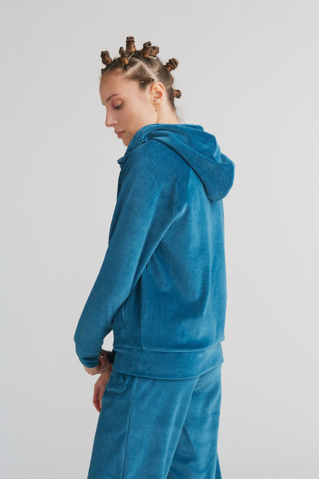 Women's Velour Hooded Jacket, Danube Blue