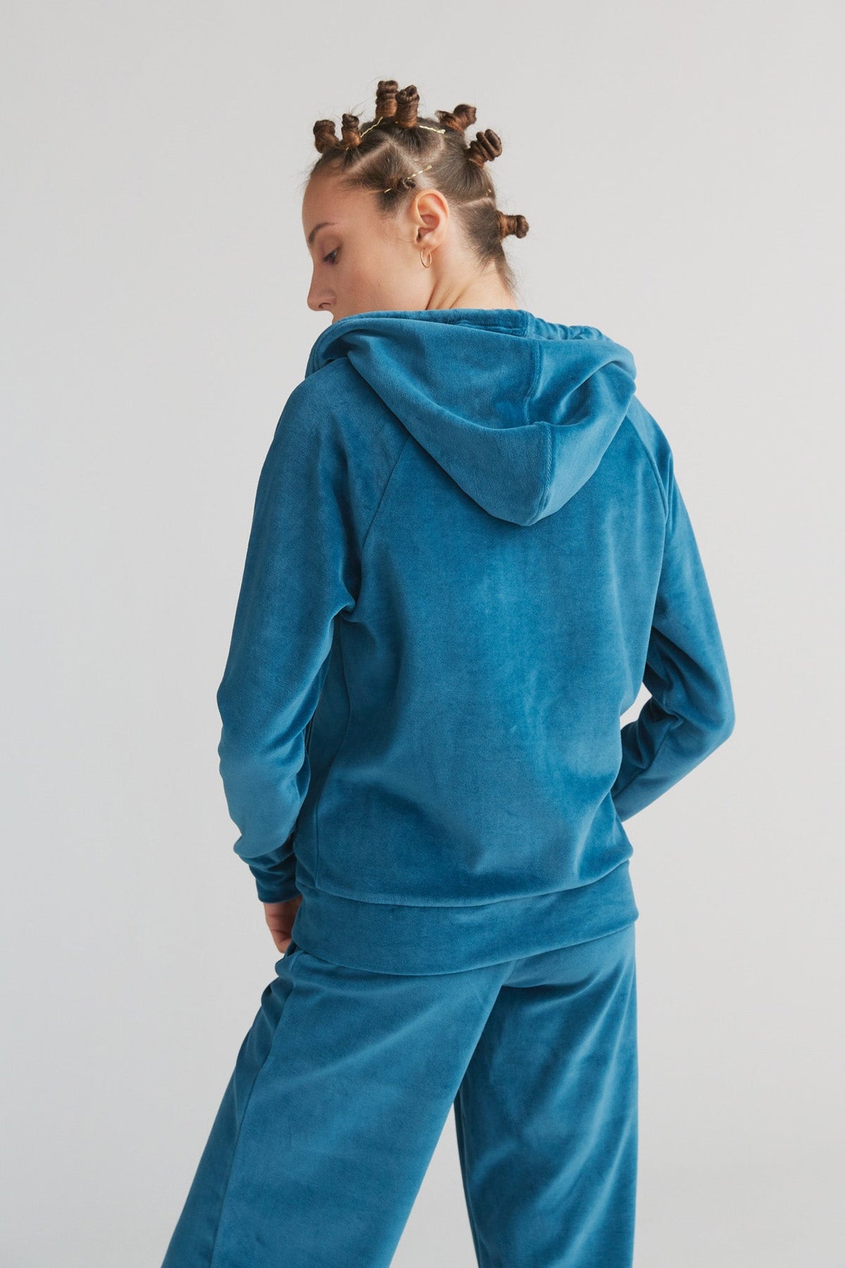 Women's Velour Hooded Jacket, Danube Blue — Leela Cotton, view 2