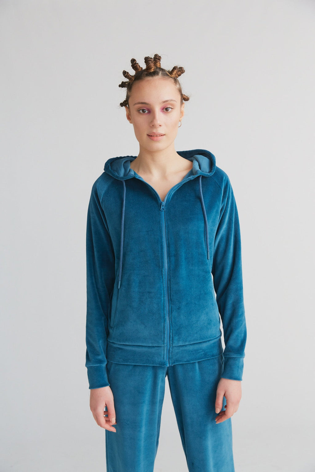 Women's Velour Hooded Jacket, Danube Blue