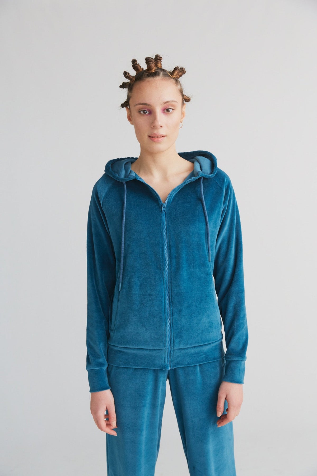Women's Velour Hooded Jacket, Danube Blue — Leela Cotton, view 3
