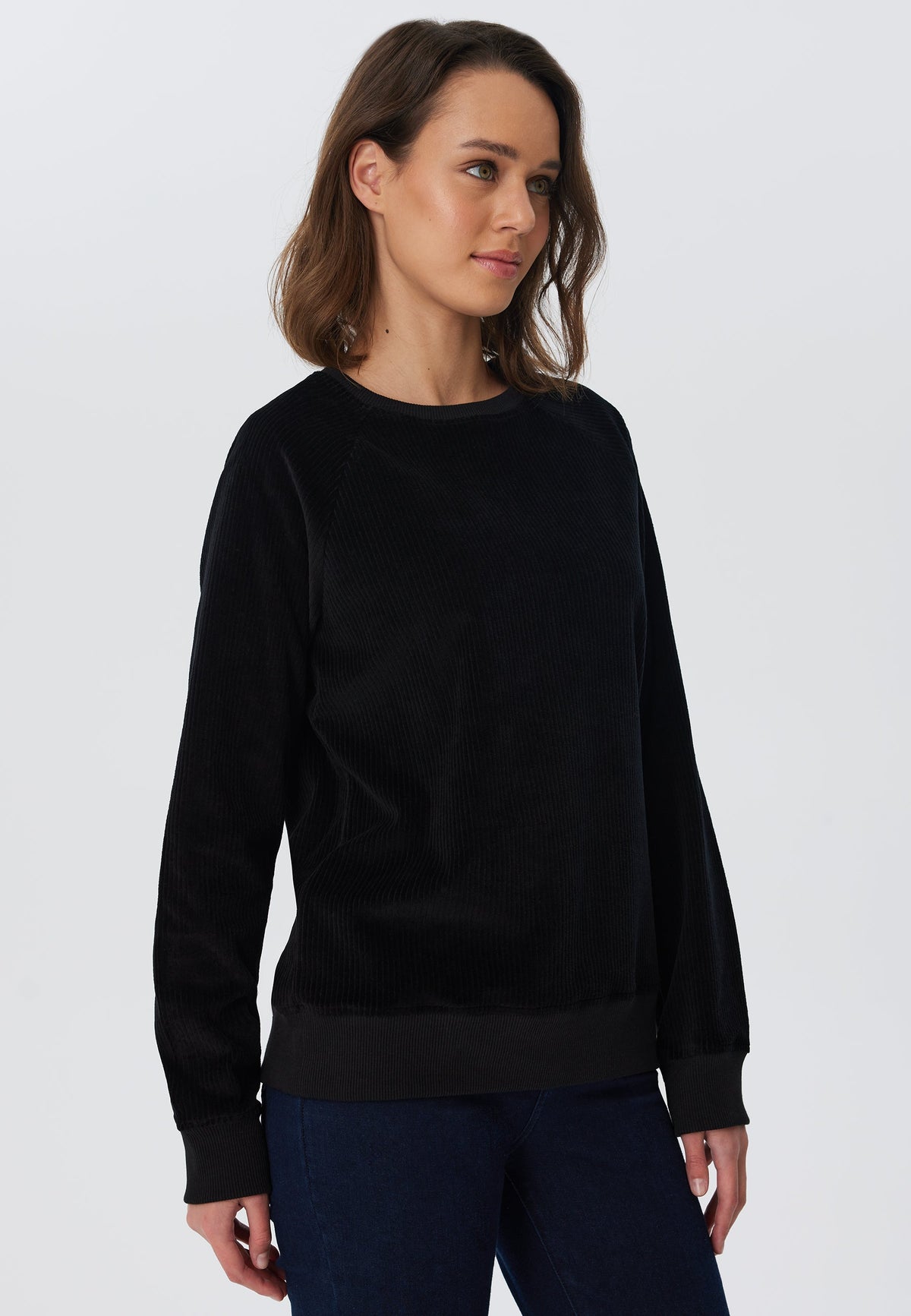 Women's Corduroy Sweatshirt, Black — Leela Cotton, view 3