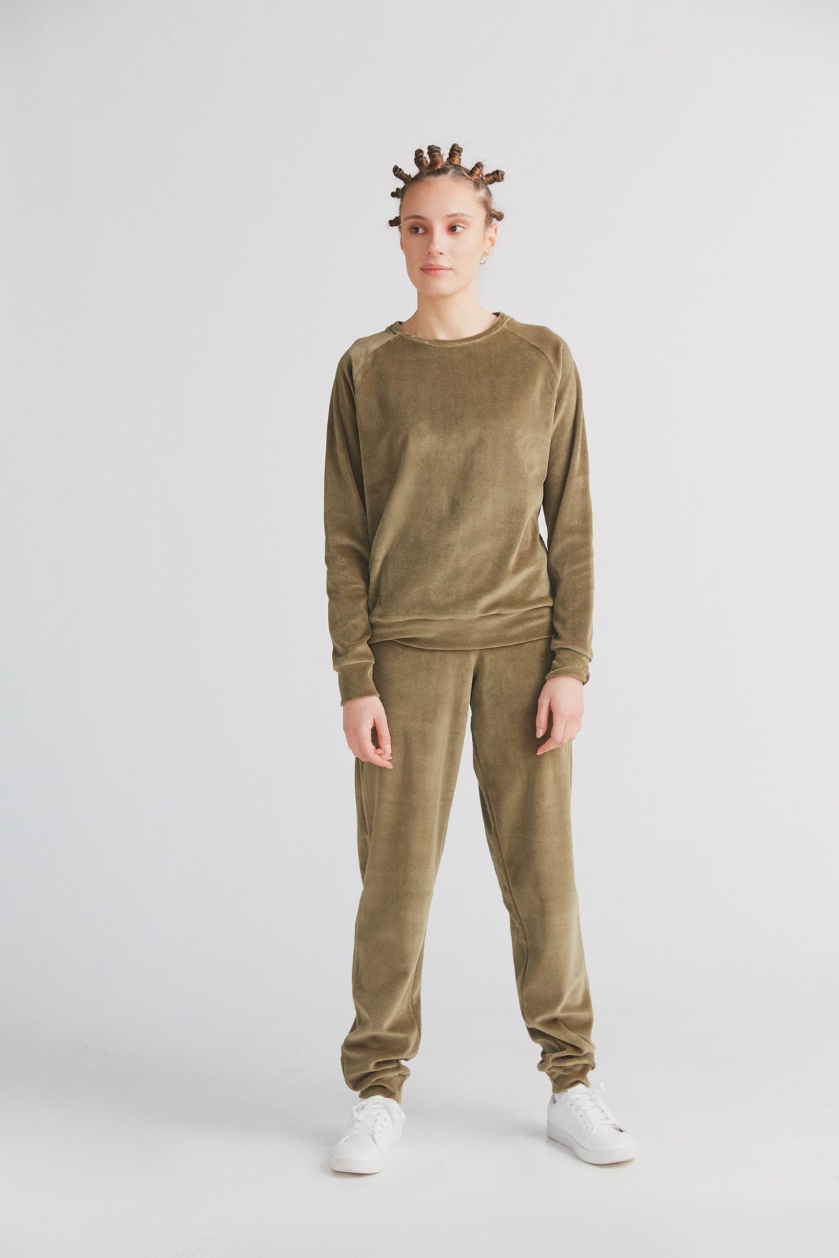 Women's Velour Trousers, Olive — Leela Cotton, view 4