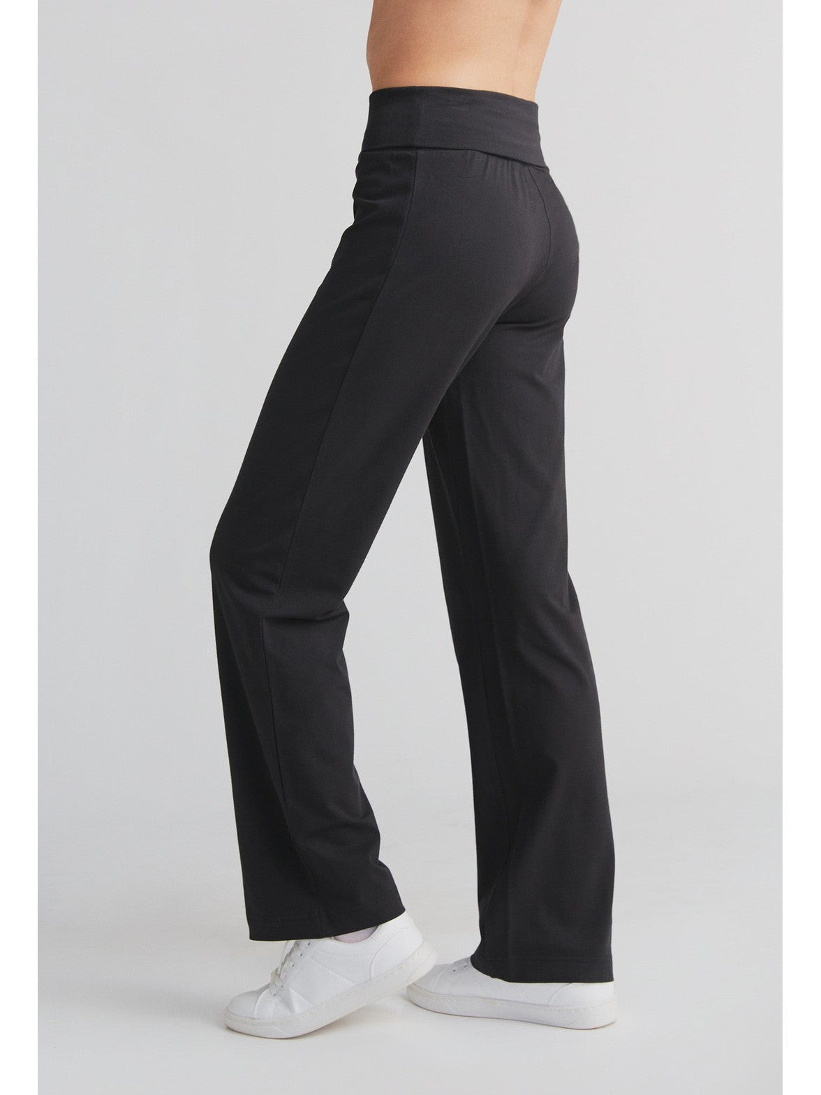 Women's Trousers with Fold Over Waistband, Black — Leela Cotton, view 3