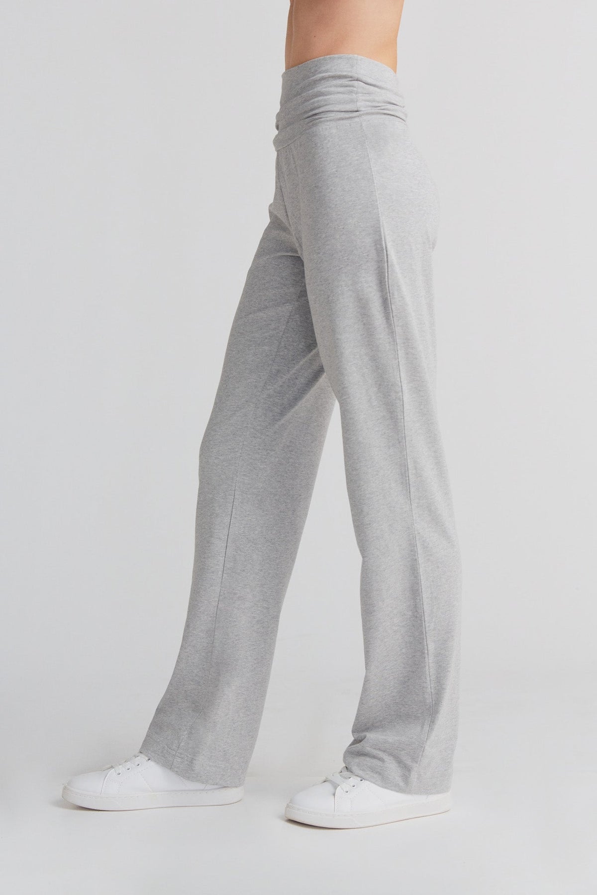 Women's Trousers with Fold Over Waistband, Grey-Melange — Leela Cotton, view 3