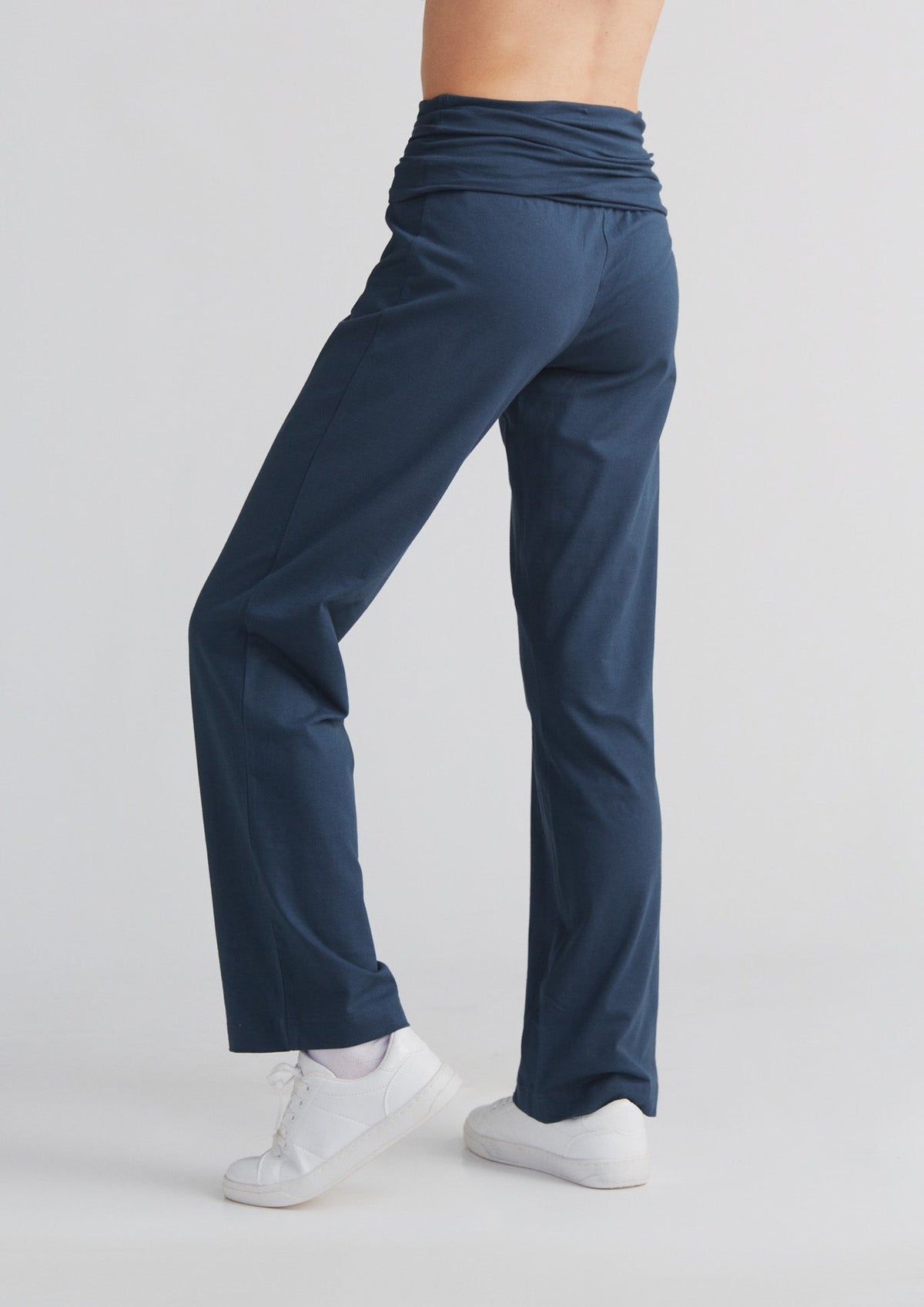 Women's Trousers with Fold Over Waistband, Navy — Leela Cotton, view 3