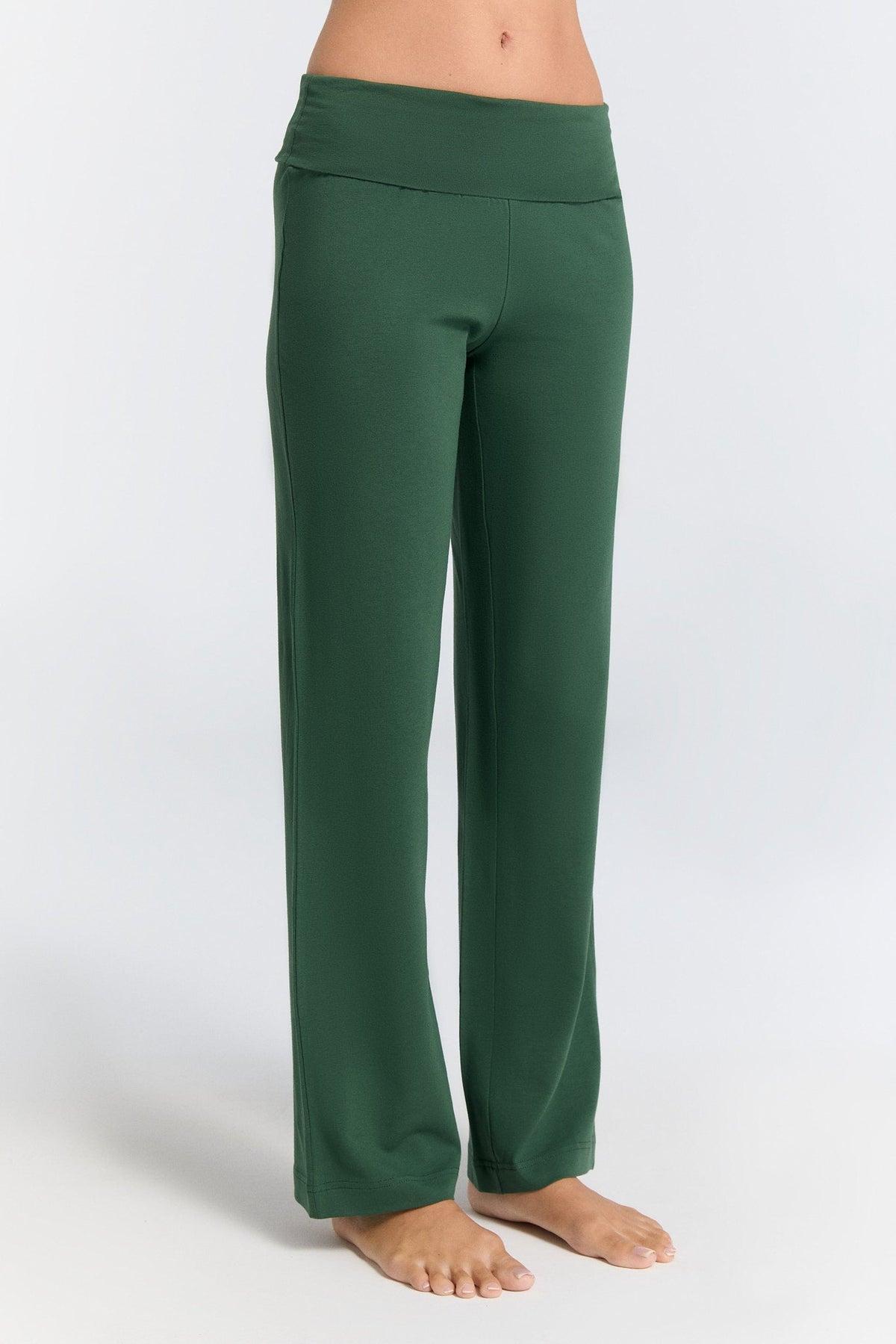 Women's Trousers with Fold Over Waistband, Pine Needle — Leela Cotton, view 2