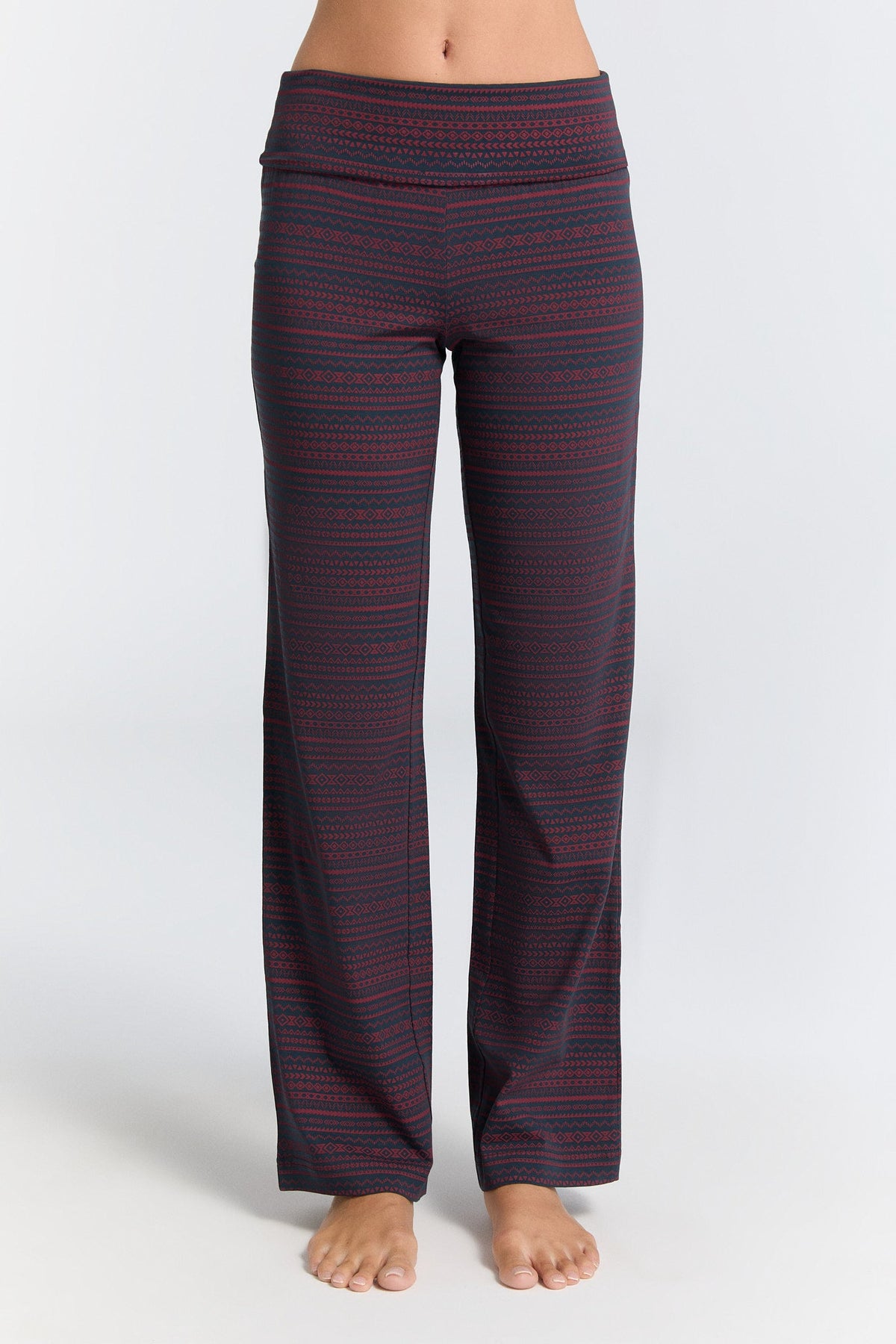 Women's Trousers with Fold Over Waistband-Geometric navy Tibet Red — Leela Cotton