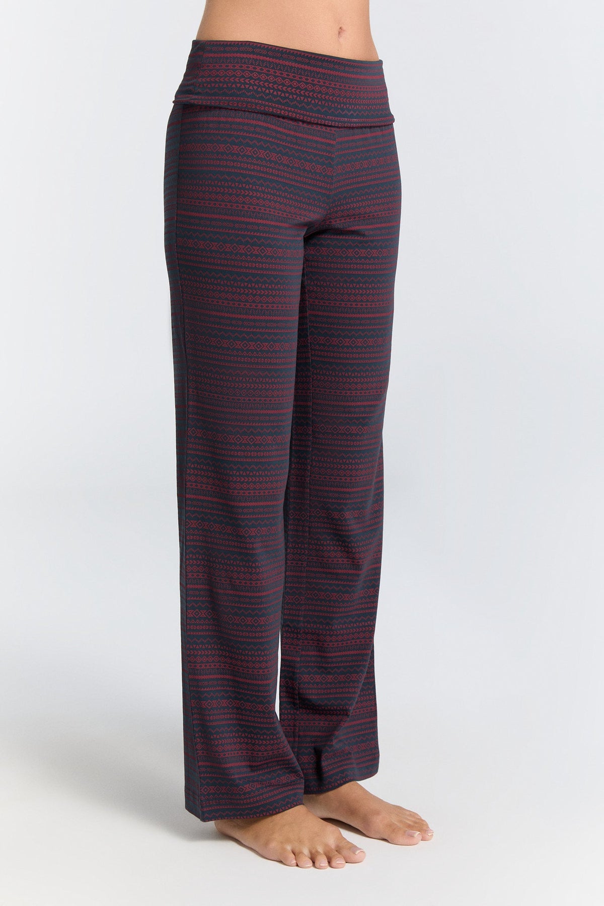 Women's Trousers with Fold Over Waistband-Geometric navy Tibet Red — Leela Cotton, view 2