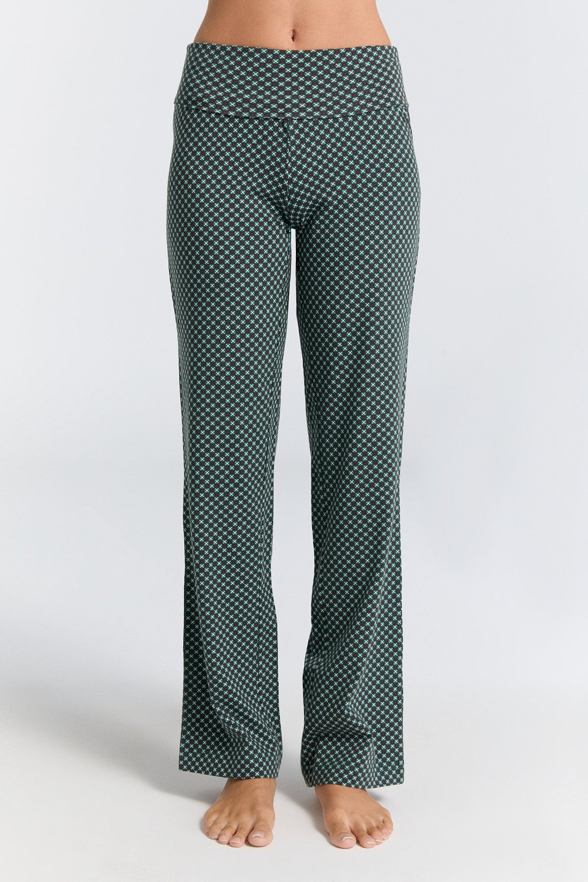 Women's Trousers with Fold Over Waistband, Forest Cube — Leela Cotton