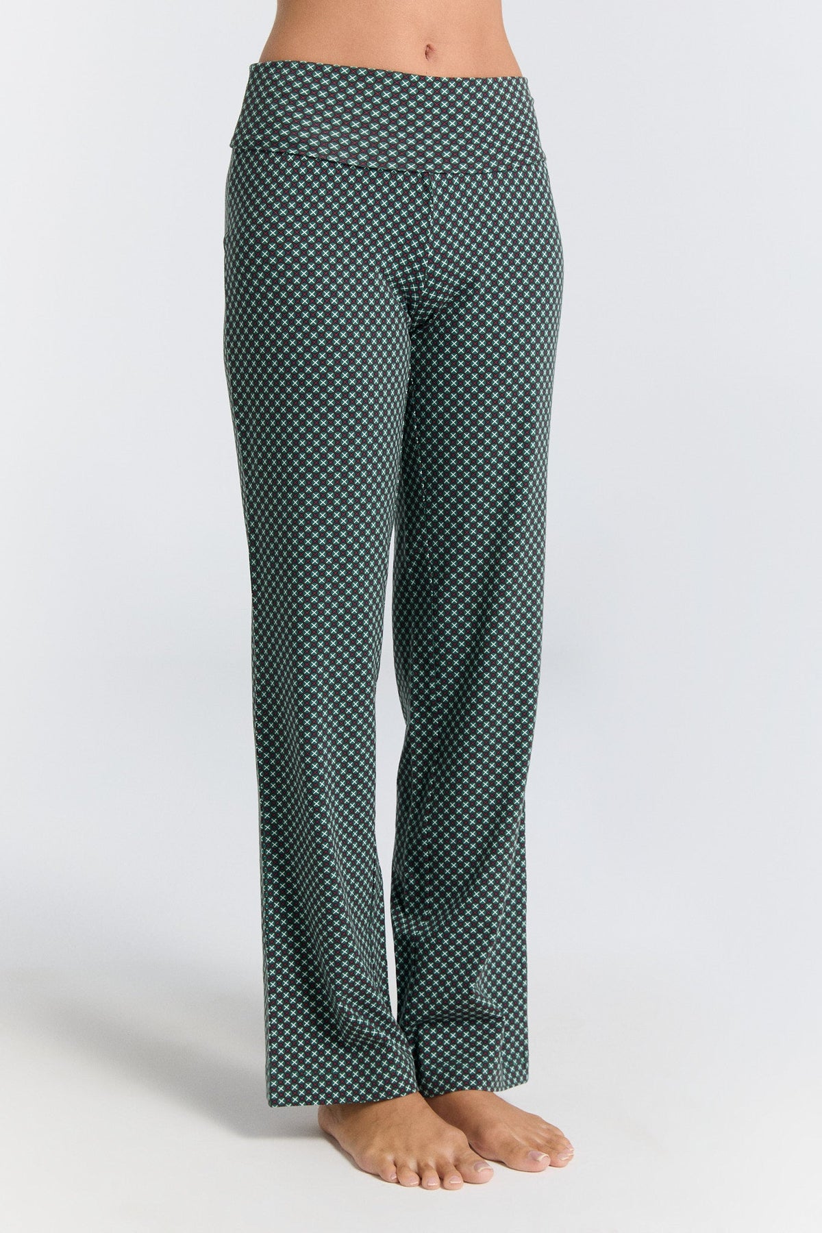 Women's Trousers with Fold Over Waistband, Forest Cube — Leela Cotton, view 2