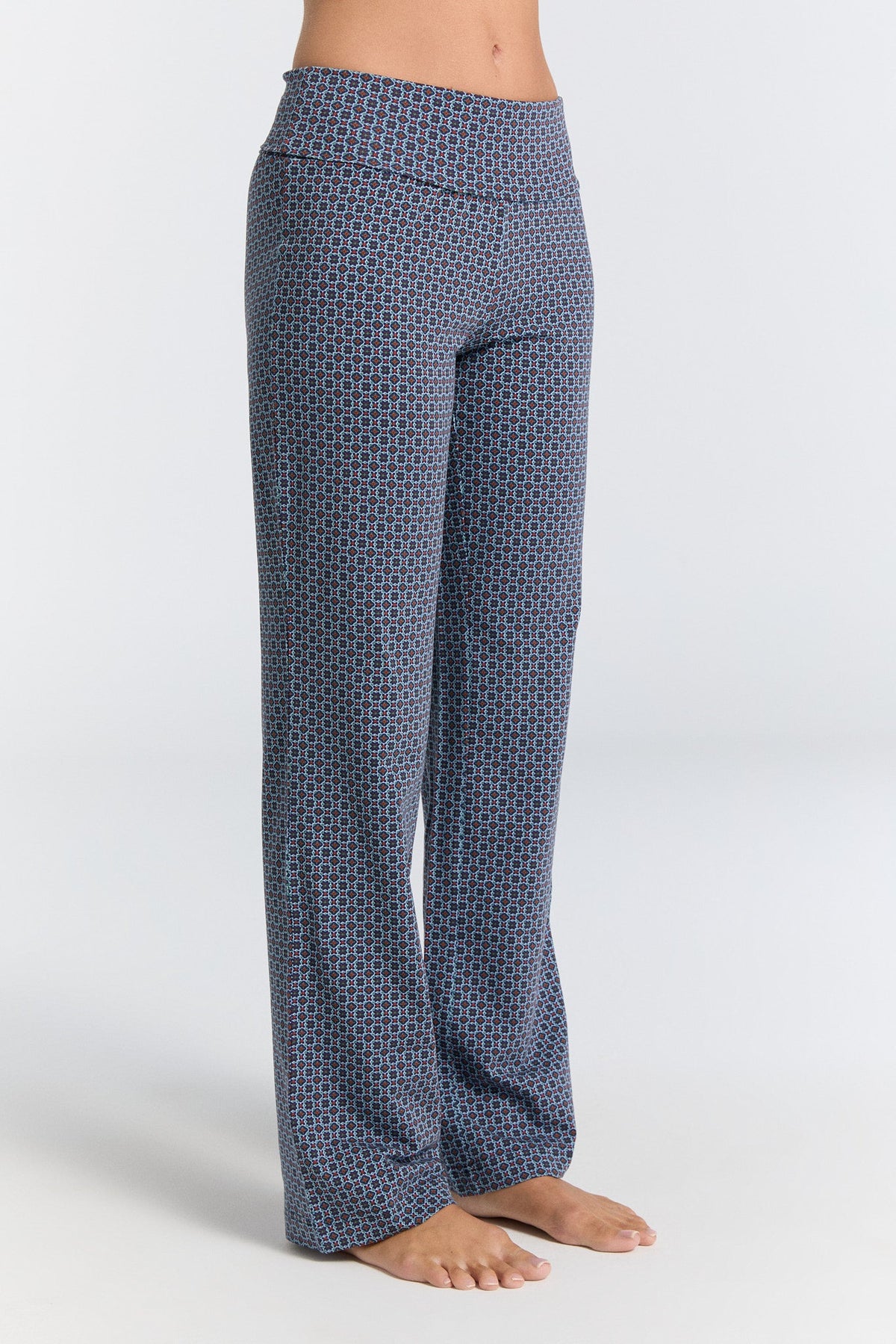 Women's Trousers with Fold Over Waistband, Floral Geo — Leela Cotton, view 2