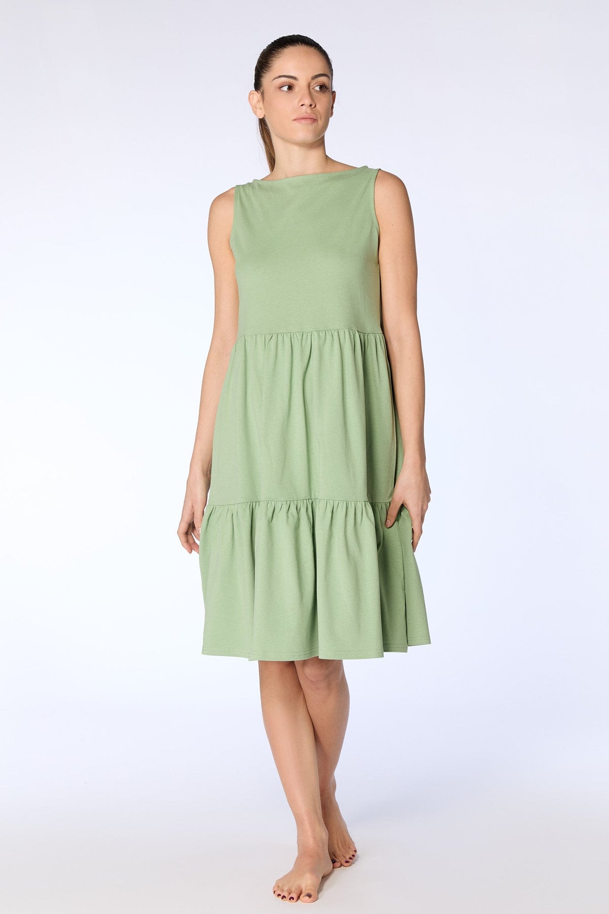 Ruffle Dress, Basil — Leela Cotton, view 5