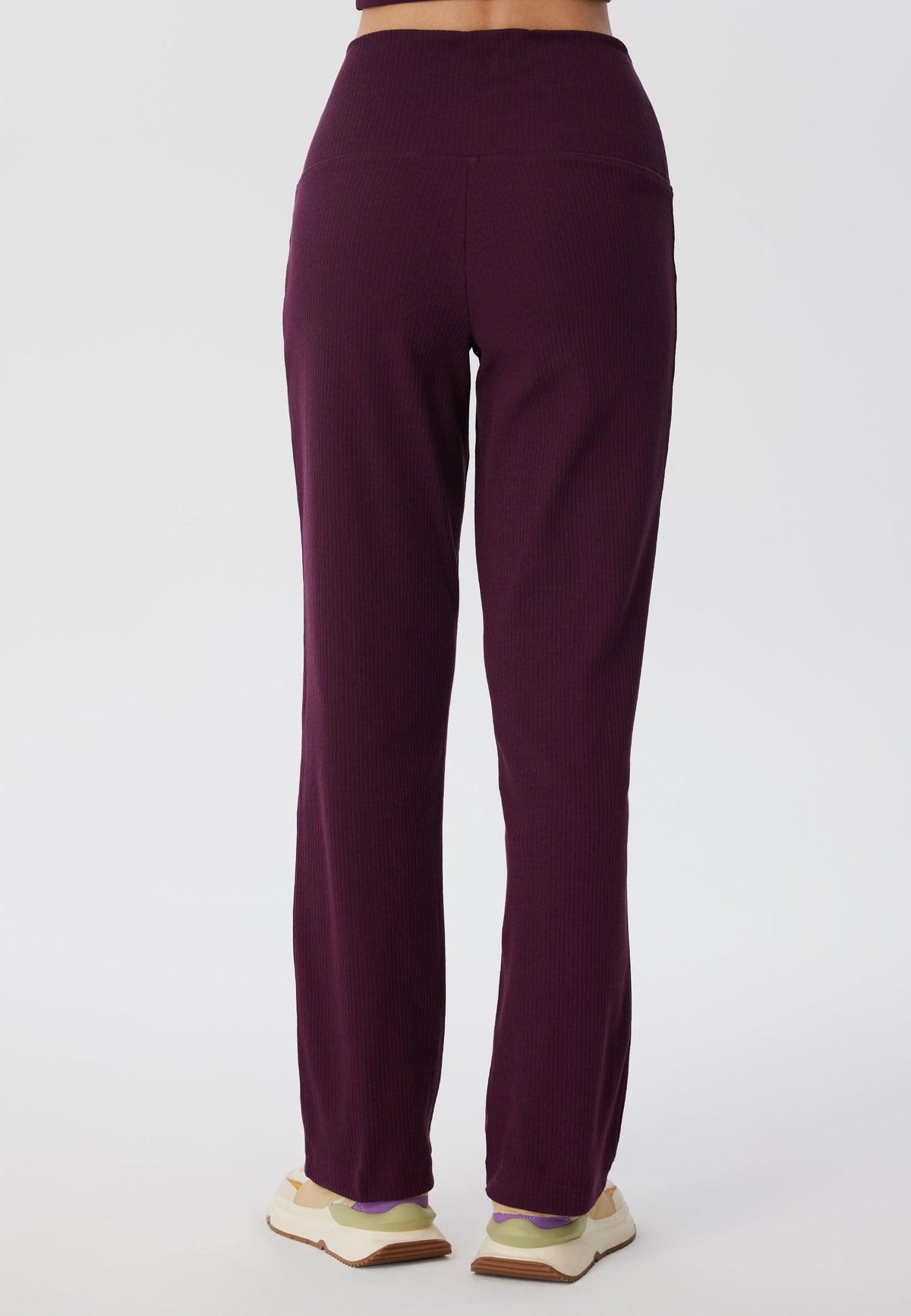 Women's Trousers in Ribbed-Jersey, Aubergine — Leela Cotton, view 2
