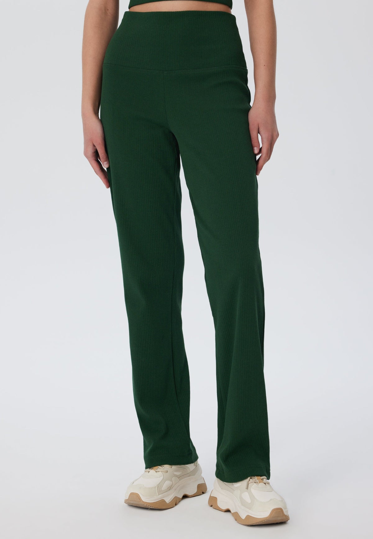 Women's Trousers in Ribbed-Jersey, Pine Needle — Leela Cotton