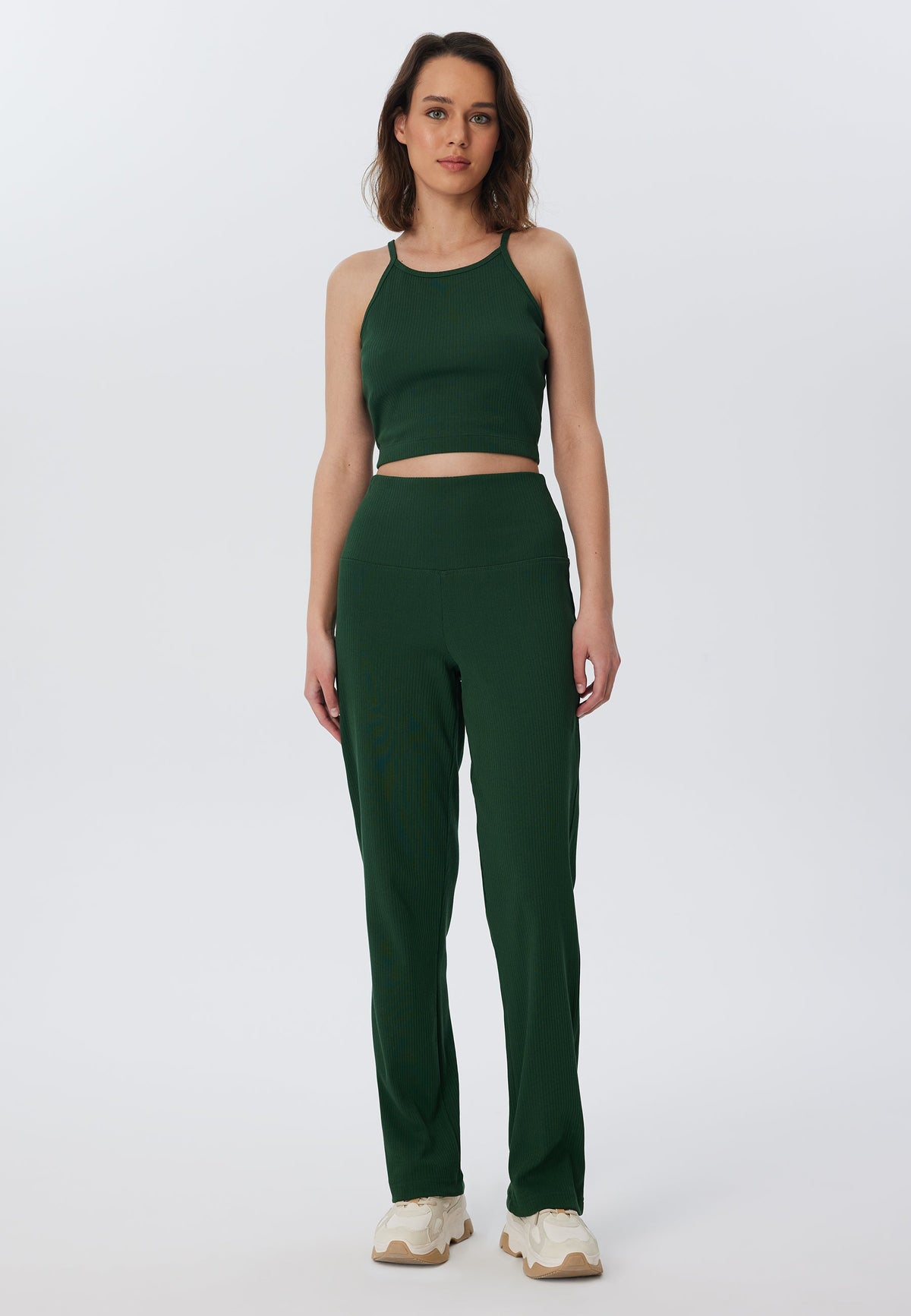Women's Trousers in Ribbed-Jersey, Pine Needle — Leela Cotton, view 3