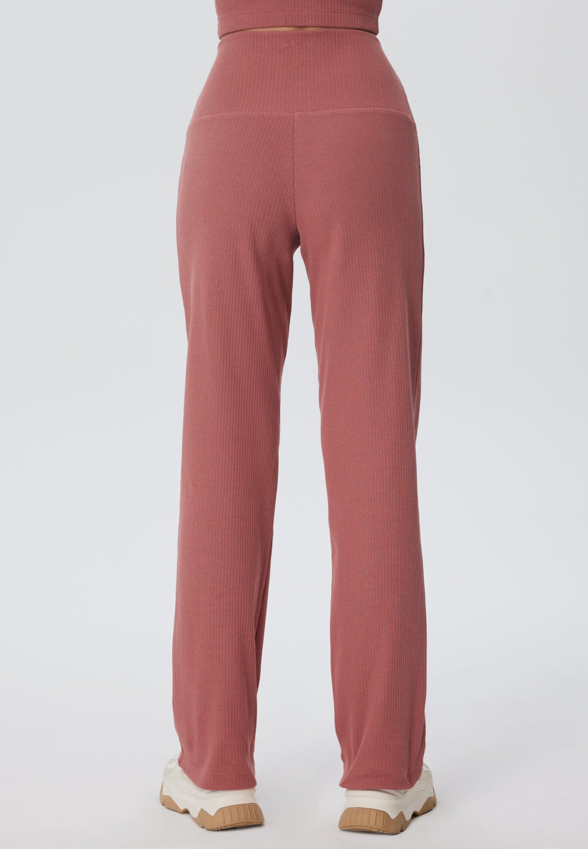 Women's Trousers in Ribbed-Jersey, Dark Mauve — Leela Cotton, view 2