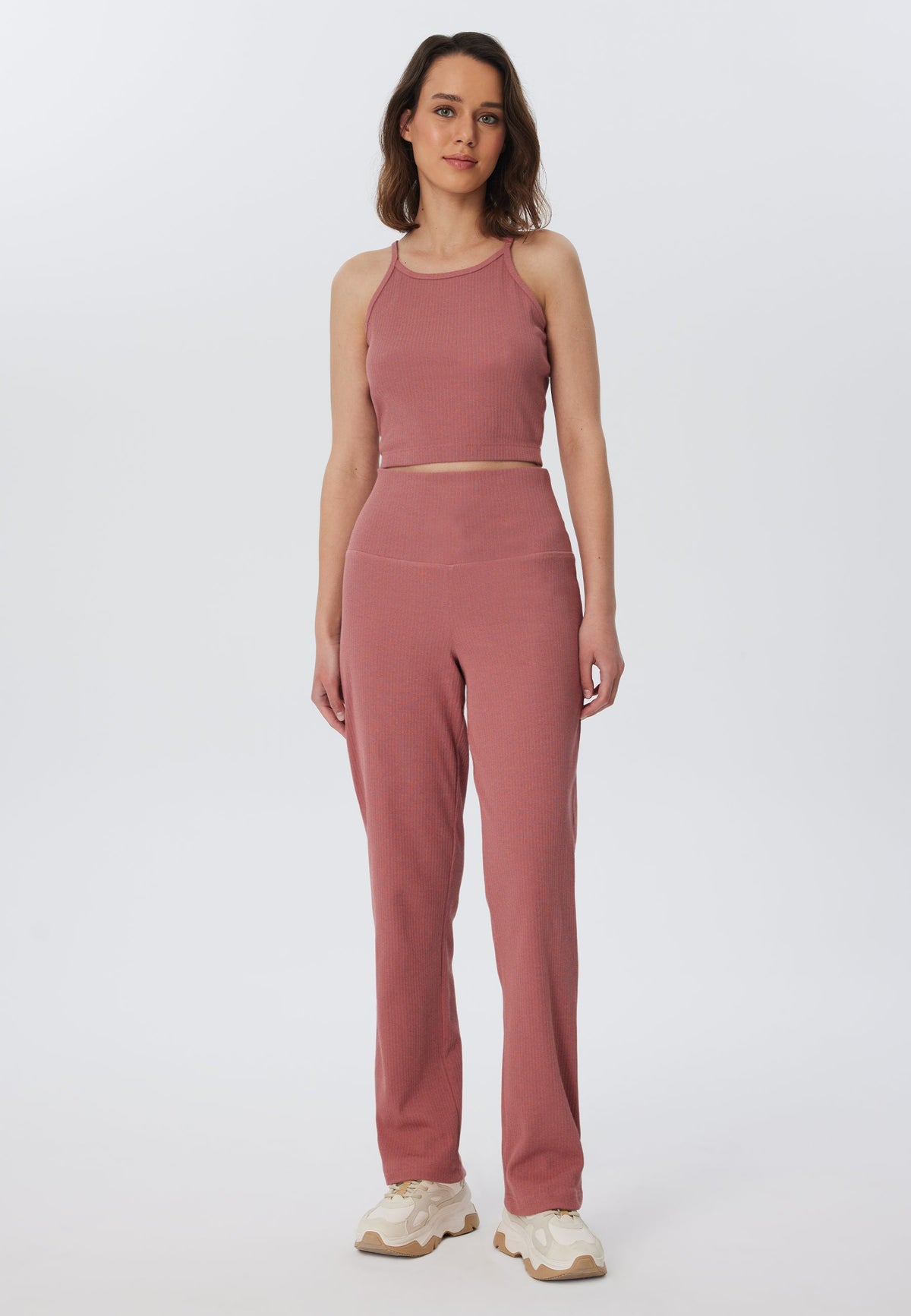 Women's Trousers in Ribbed-Jersey, Dark Mauve — Leela Cotton, view 3