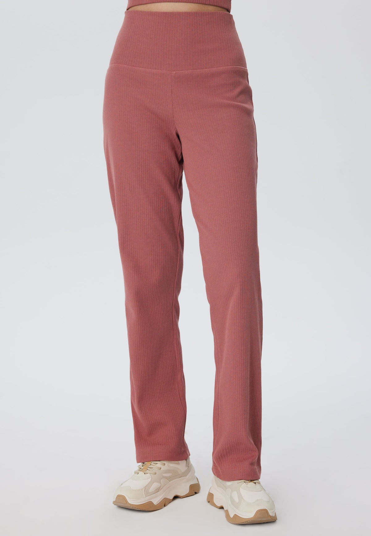 Women's Trousers in Ribbed-Jersey, Dark Mauve — Leela Cotton, view 5