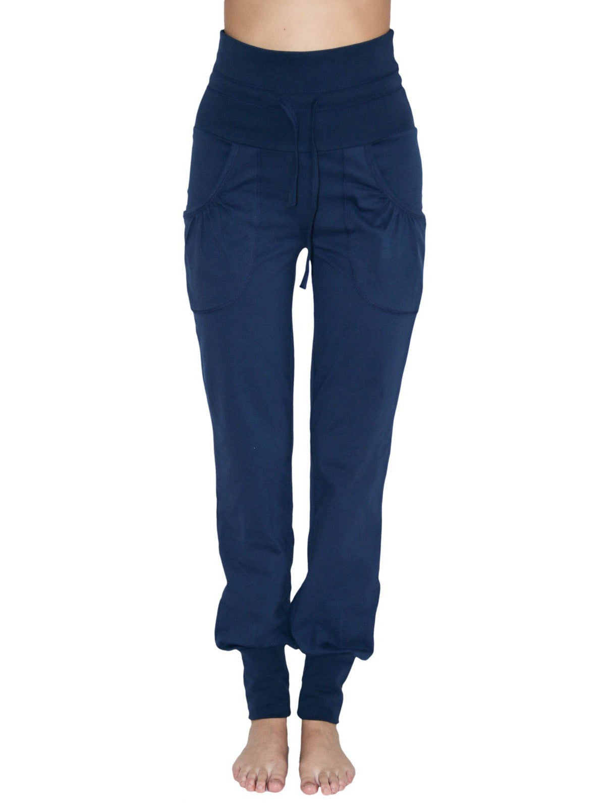 Women's Yoga Trousers with Fold Over Waistband, Navy — Leela Cotton