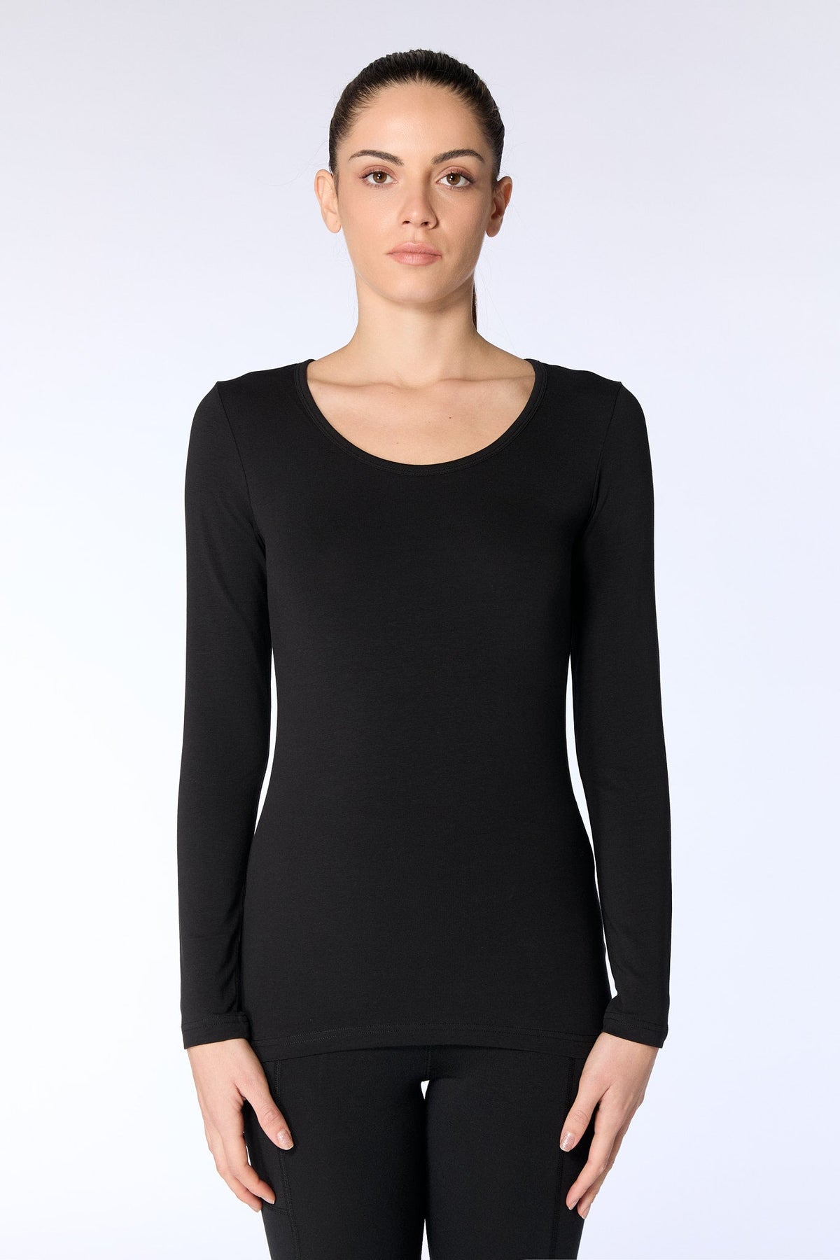 Women's Long Sleeve Top Stretch, Black — Leela Cotton, view 2