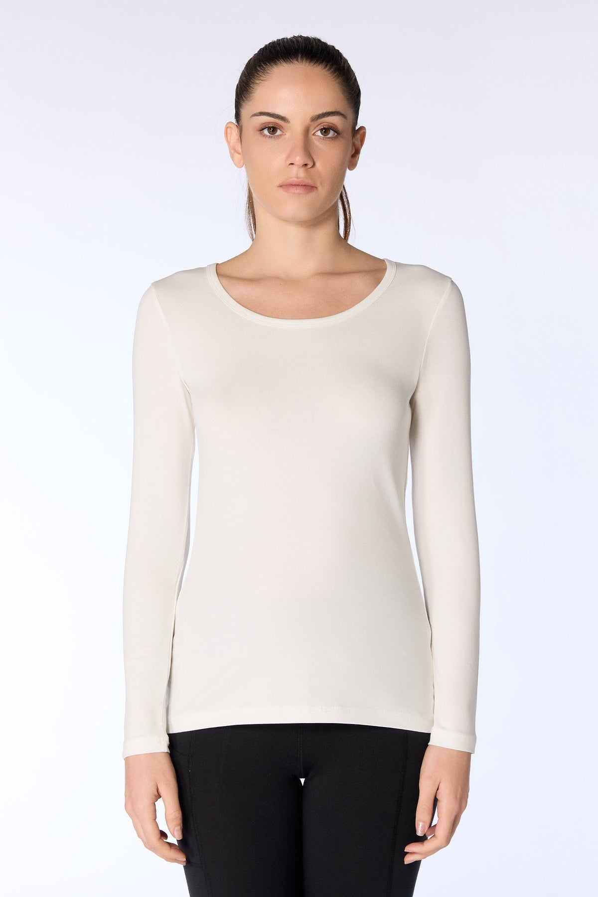 Women's Long Sleeve Top Stretch, Natural White — Leela Cotton, view 3
