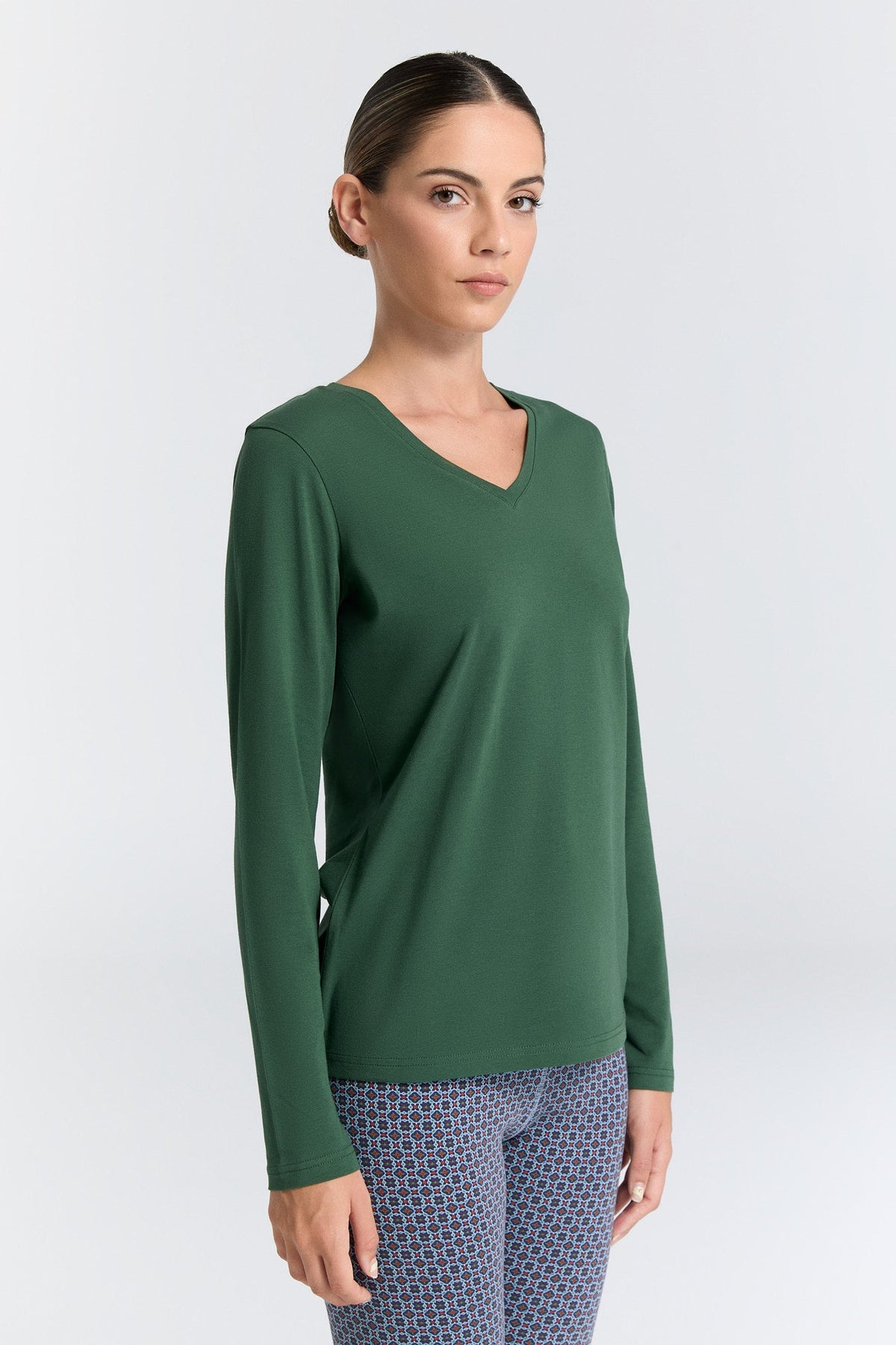 Women's V Neck Long Sleeve Top, Pine Needle — Leela Cotton, view 4
